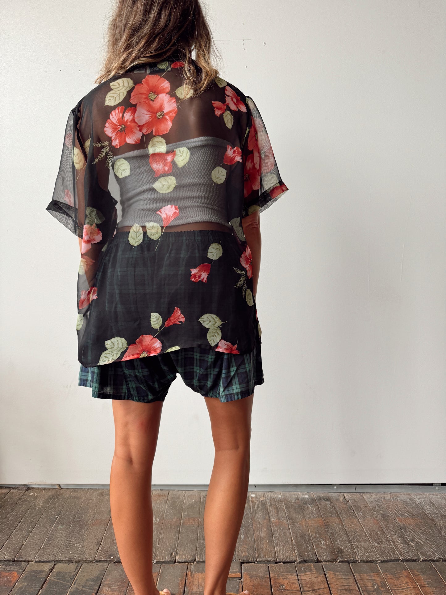 Sheer 90s Floral and Black Blouse (L)