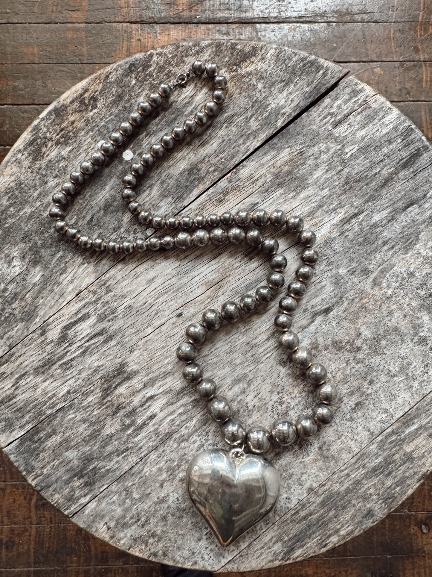 Oversize Heart Beaded Silver Tone Long Necklace
