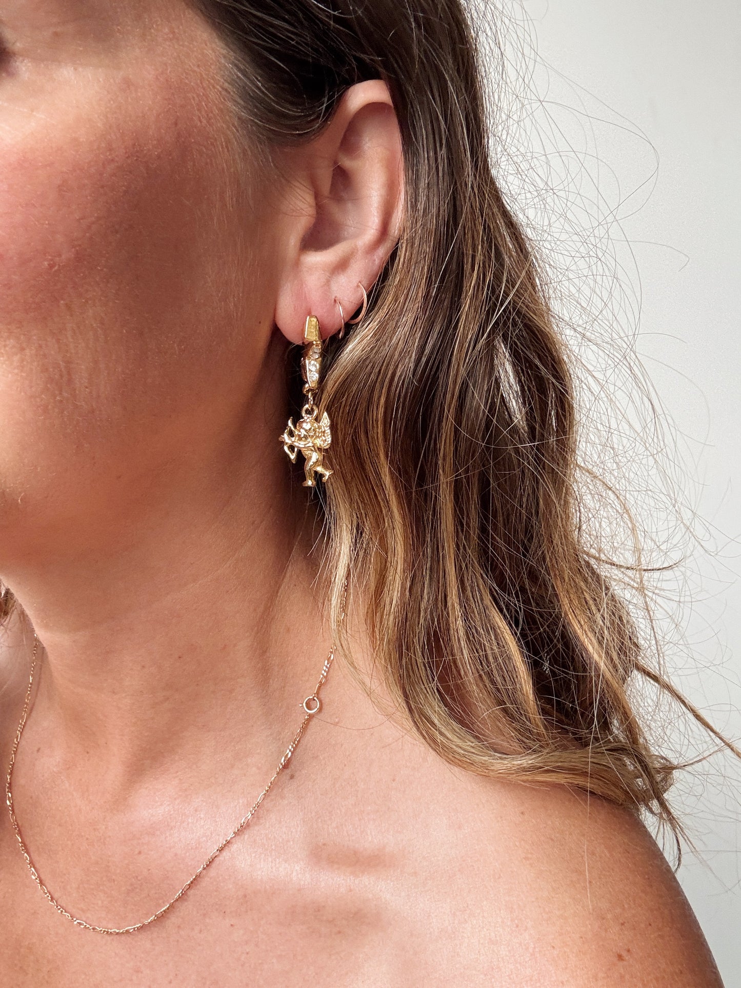 Rhinestone Star and Cupd Gold Tone Earrings