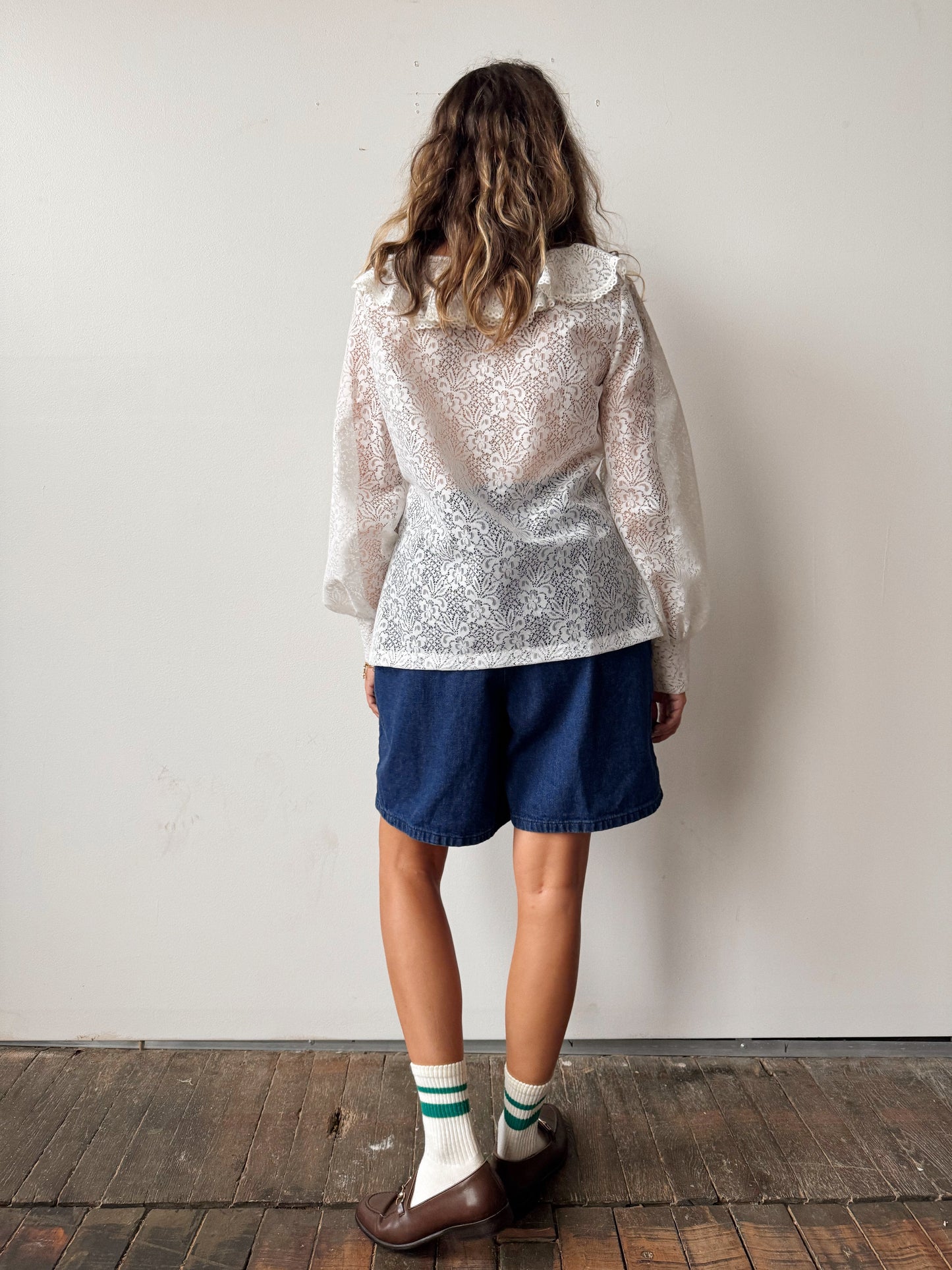 Lace 1950s Nylon Ruffle Blouse (M)