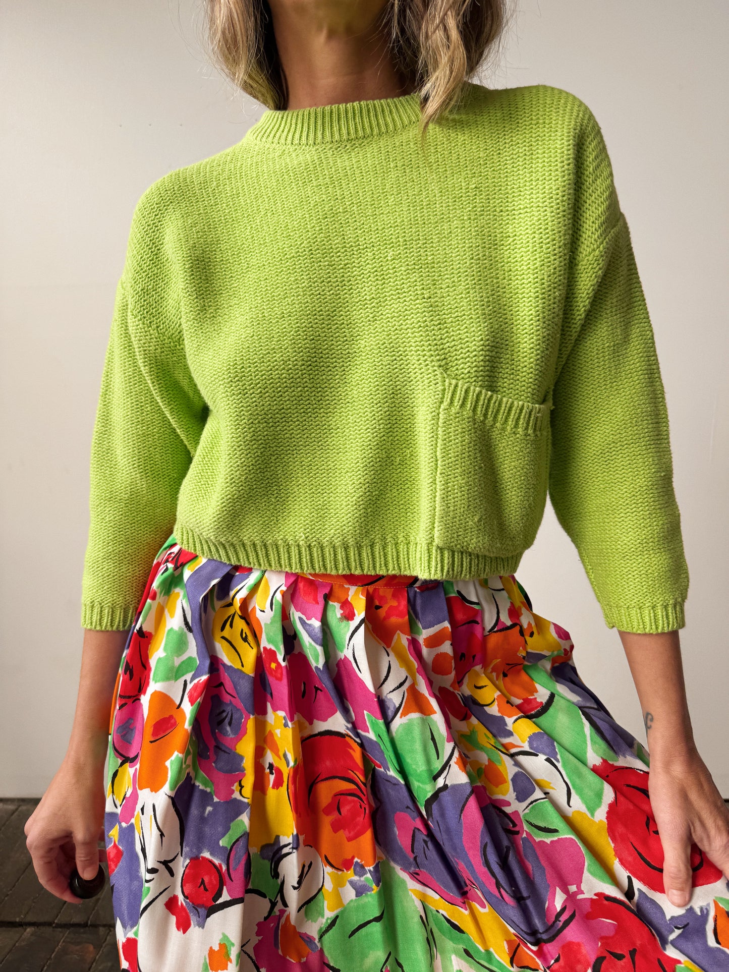 Heavy Chartreuse Knit 90s Cropped Sweater (S)