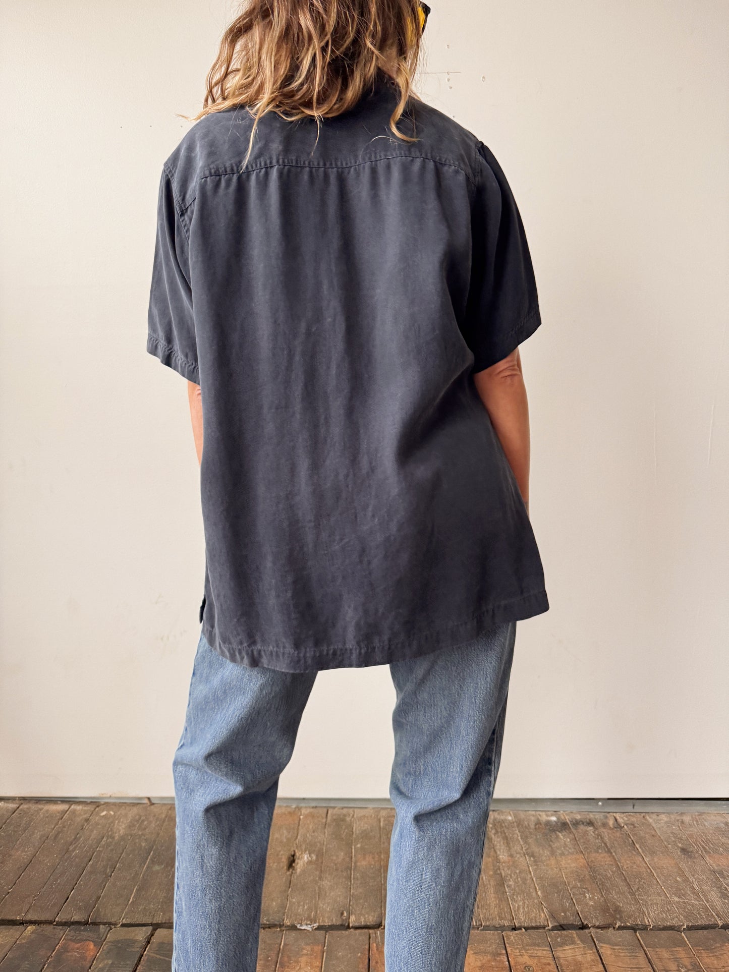 Navy Short Sleeve 90s Blouse (L)