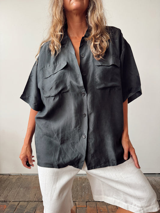 Boxy Black Silk 90s Blouse (L)