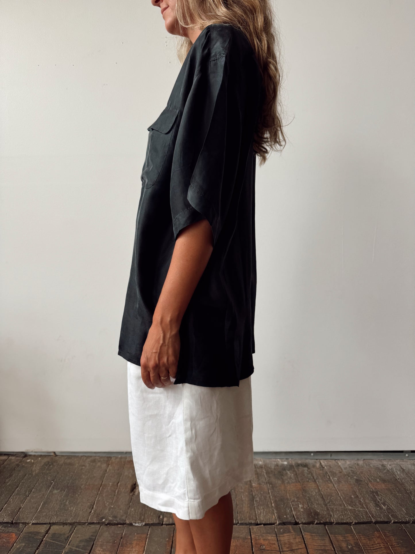 Boxy Black Silk 90s Blouse (L)