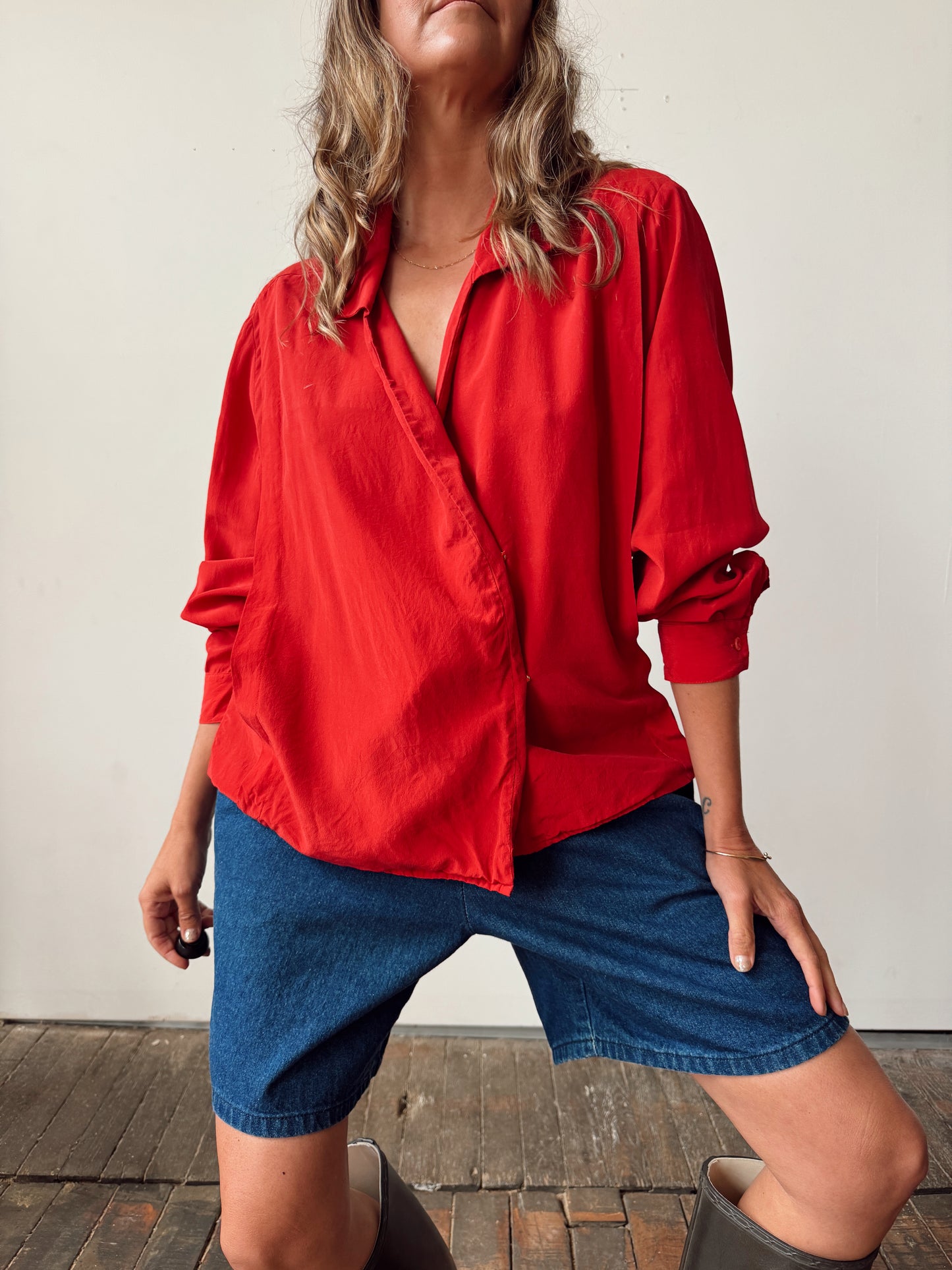 Silk 90s Double-Breasted Red Blouse (S)