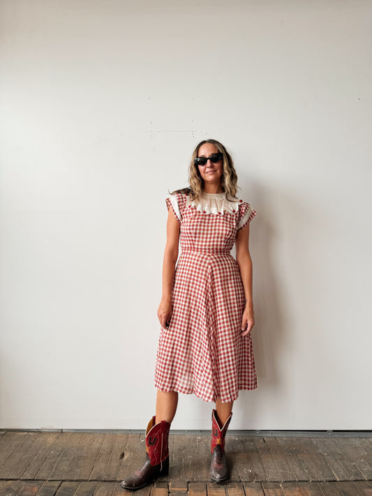 40s Red Buffalo Button Collar Midi Dress (XS)