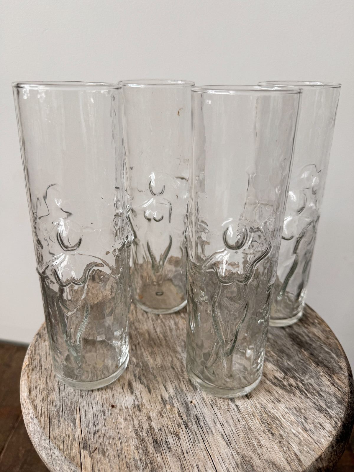 60s Libbey Glass La Femme 3D Dancing Nude Women 9" Highball Cocktail Tumbler, Set of 4
