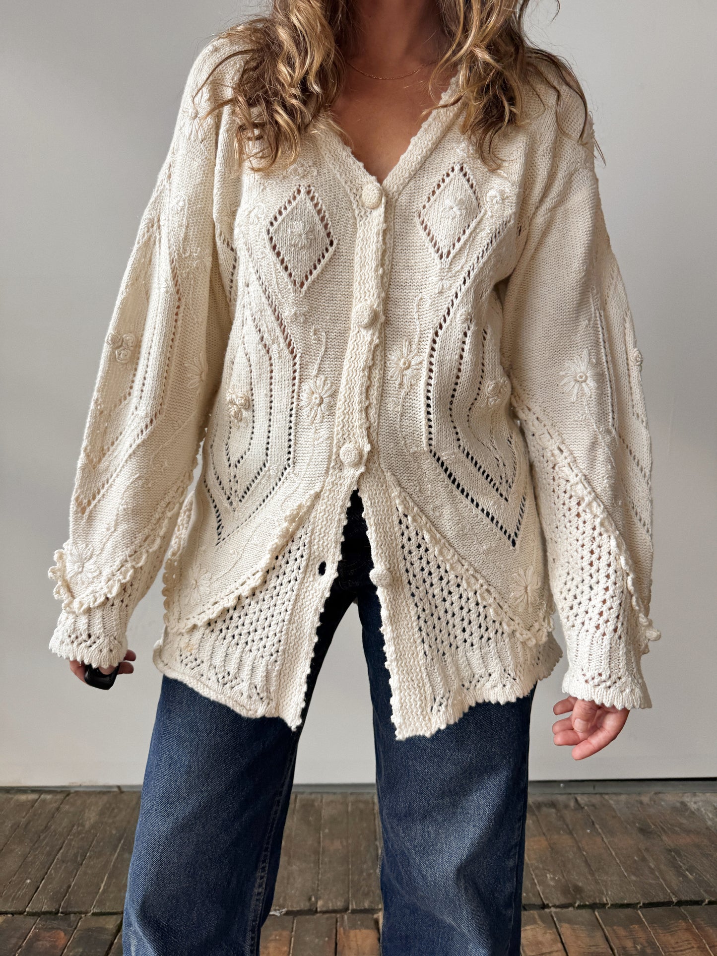 Cream Stone Cardigan Sweater (M)