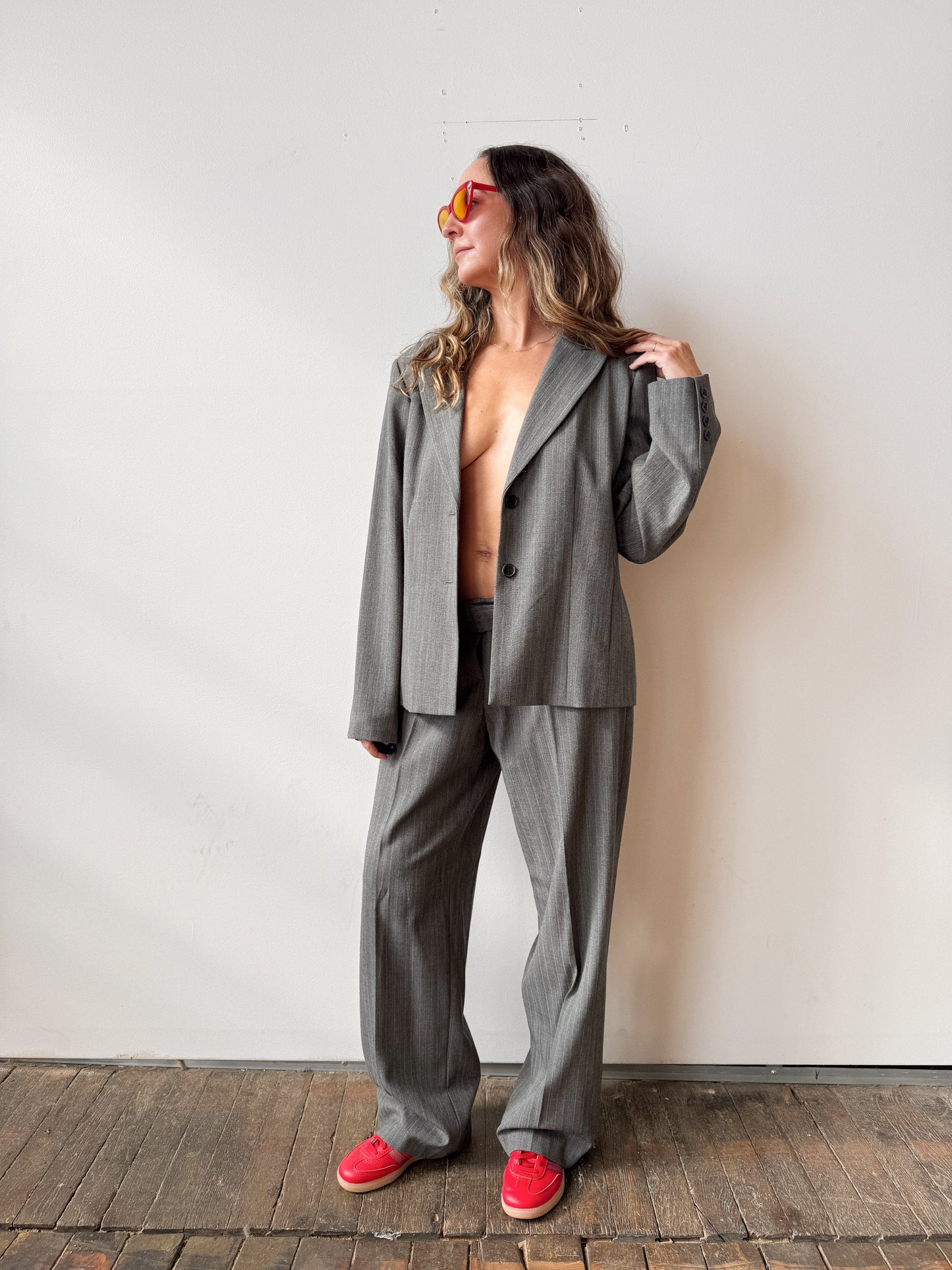 Grey Striped 90s Trouser Pant Suit (L)