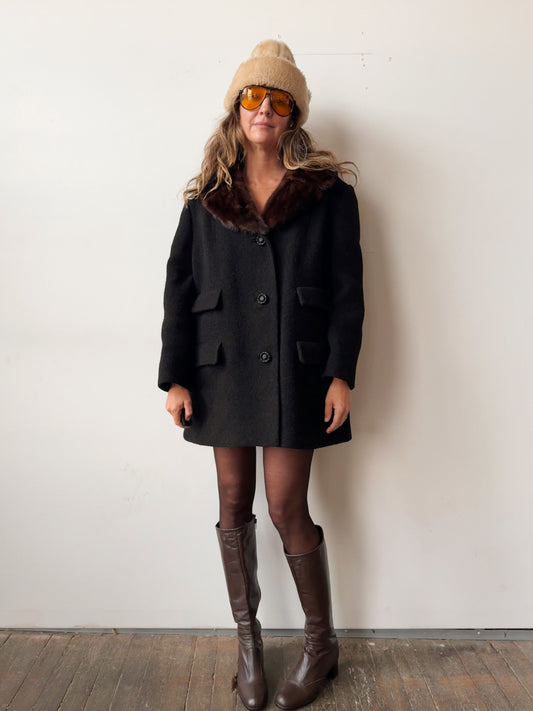 60s Wool Button Coat with Mink Fur Collar (S)