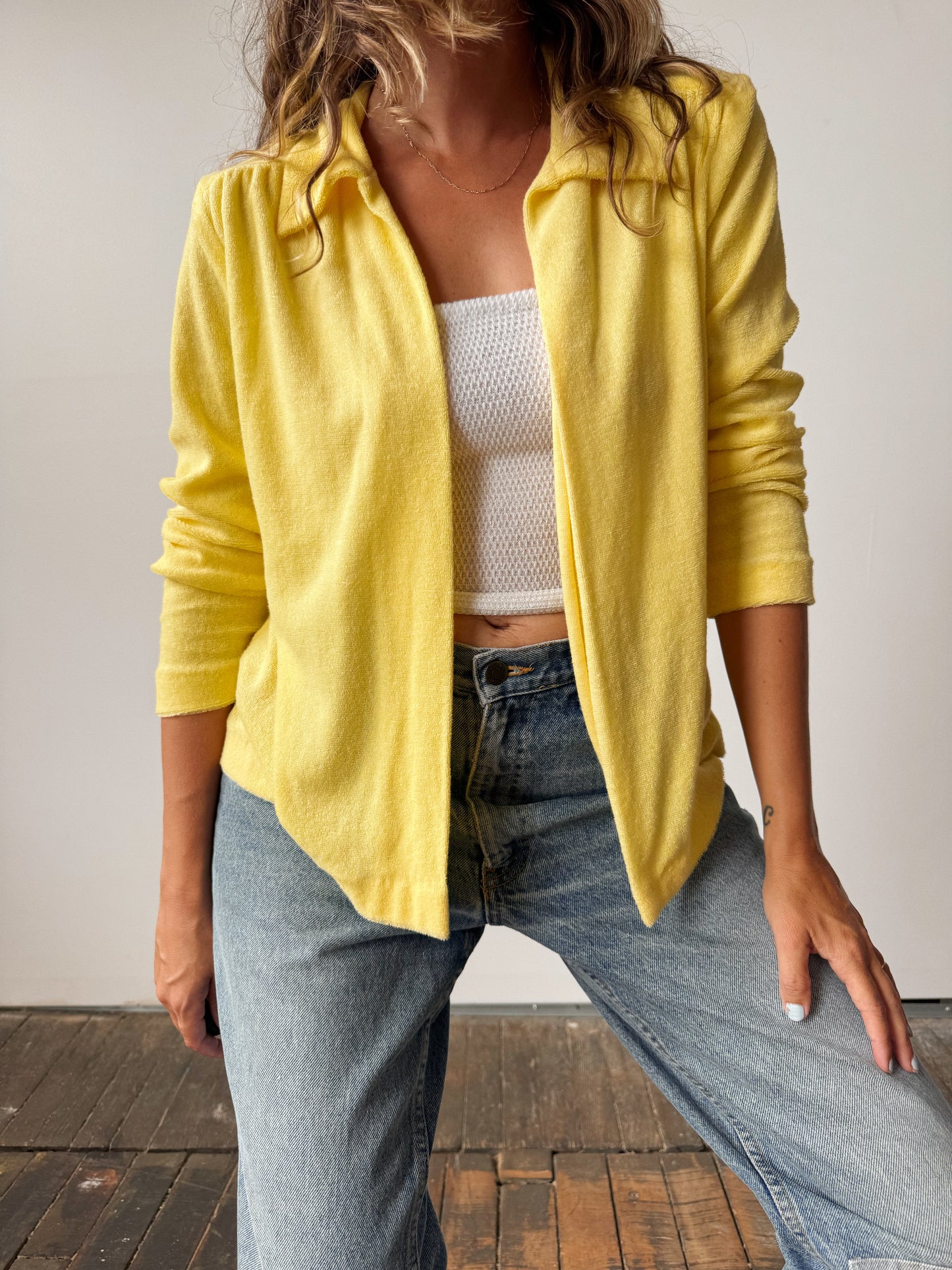 70s Terrycloth Collard Cardigan (S)