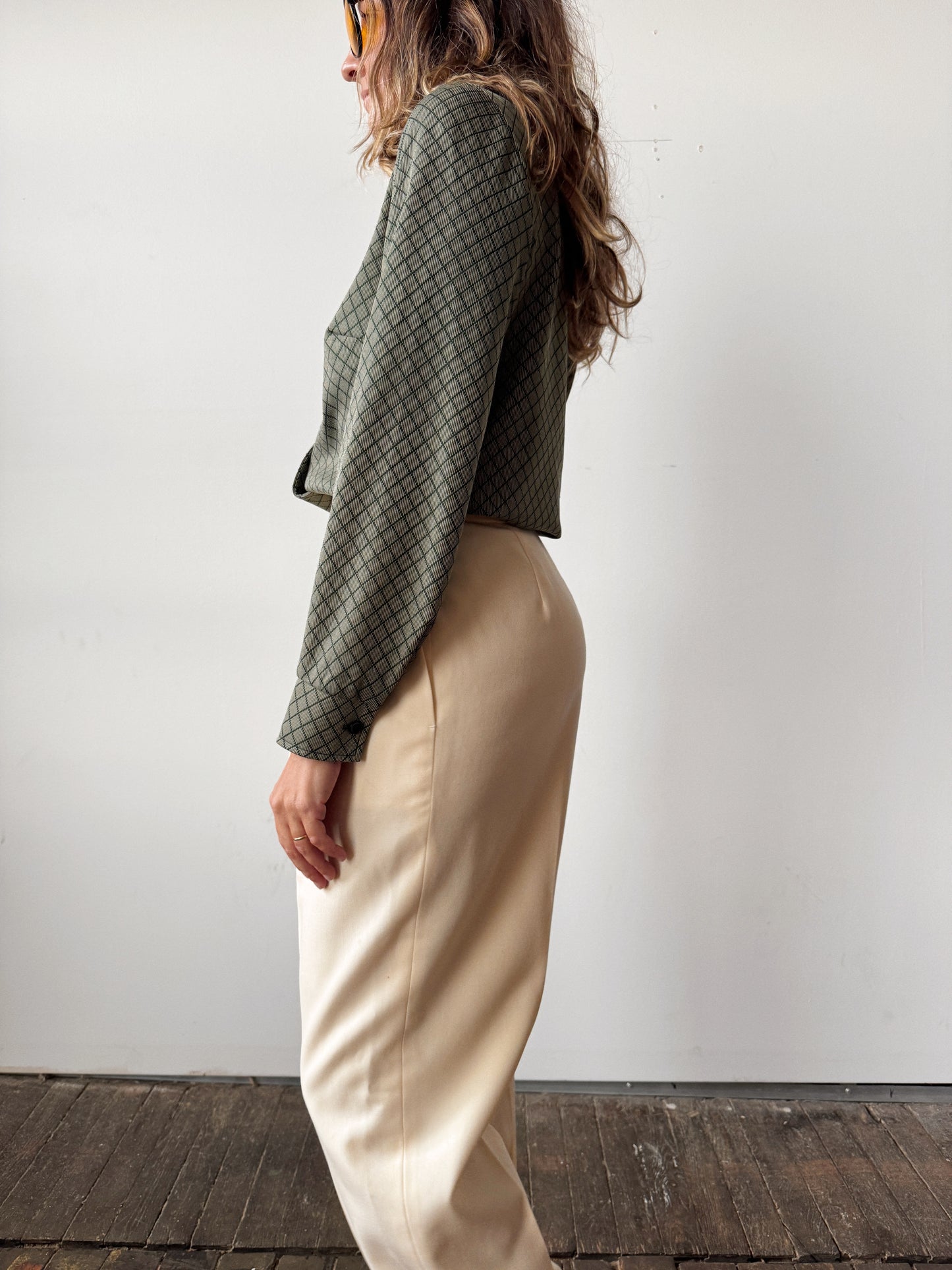 70s Green Herringbone Blouse (XS)