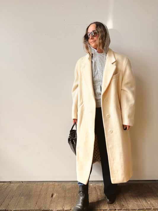 Wool 80s Ivory Longline Overcoat (L)