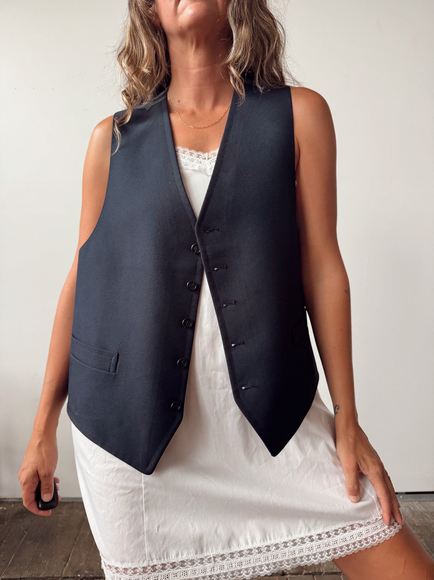 Navy 70s Polyester Oversized Vest (Mens L)