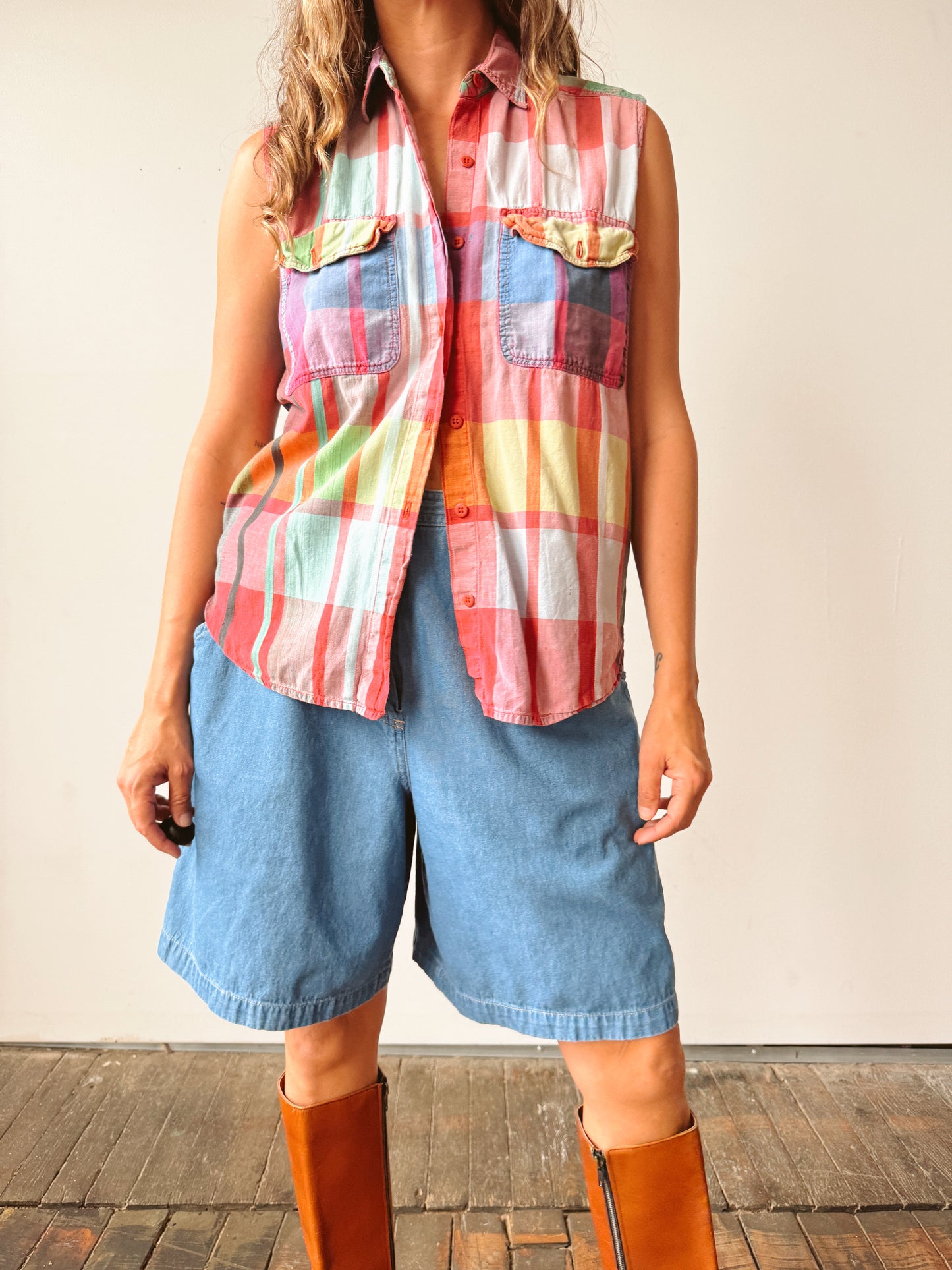 80s Short Circuit Plaid Colorful Sleeveless Top (M)