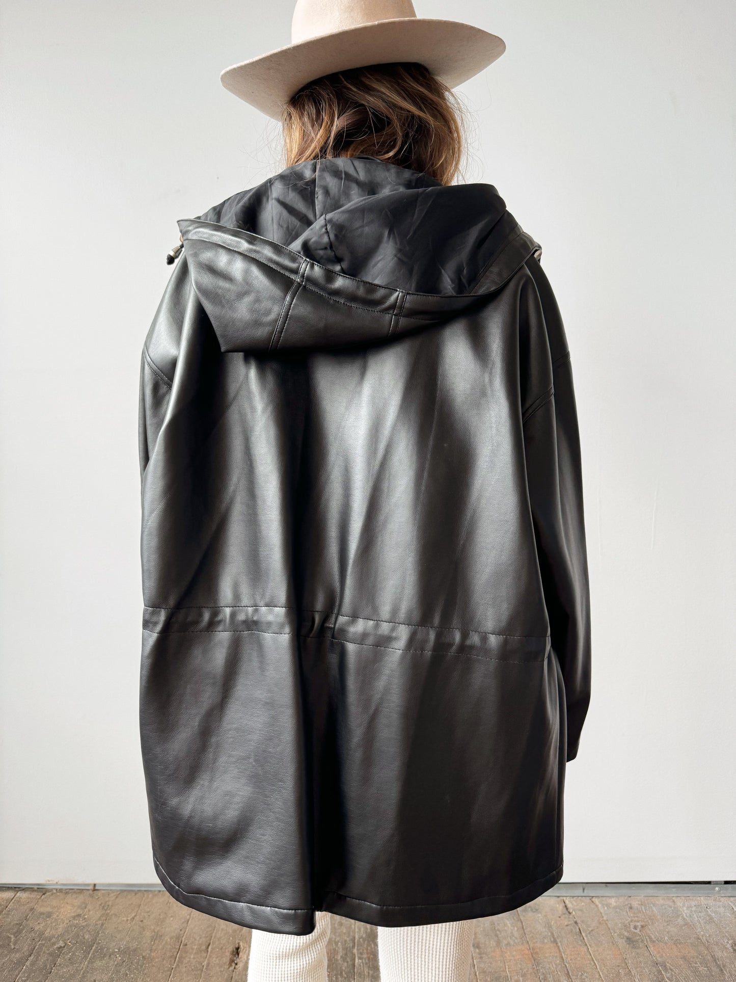 Faux Leather Zip Pocket Coat (L)