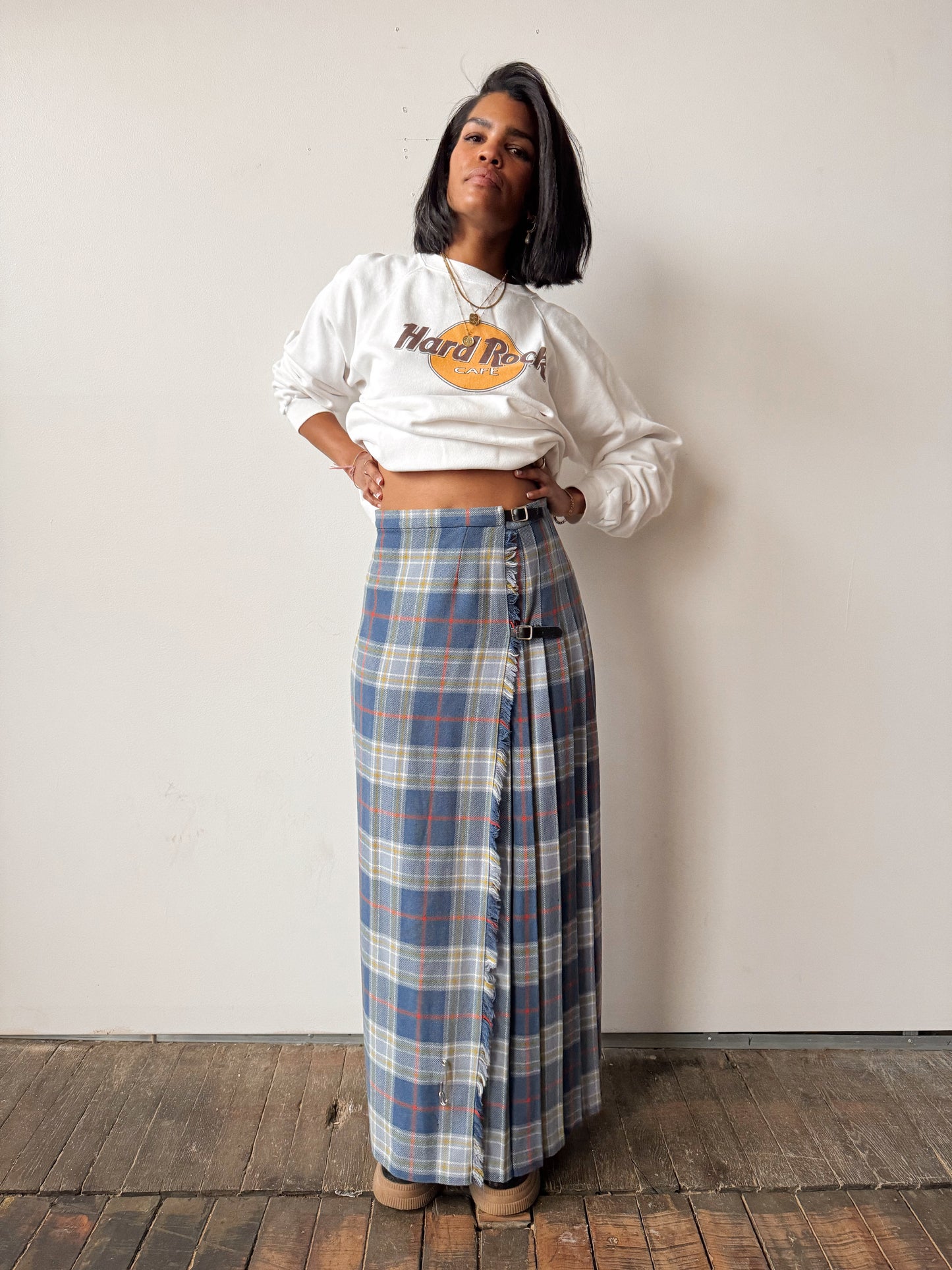 Pleated Plaid Wool Scotland Wrap Skirt (28")