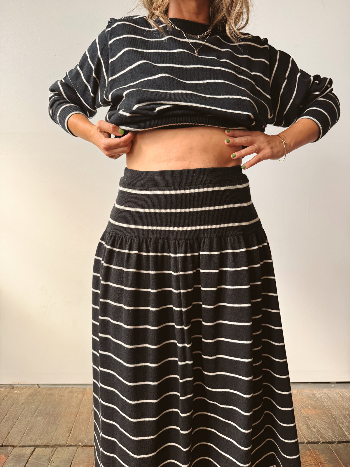 Striped Knit 90s Skirt and Sweater Set (S)