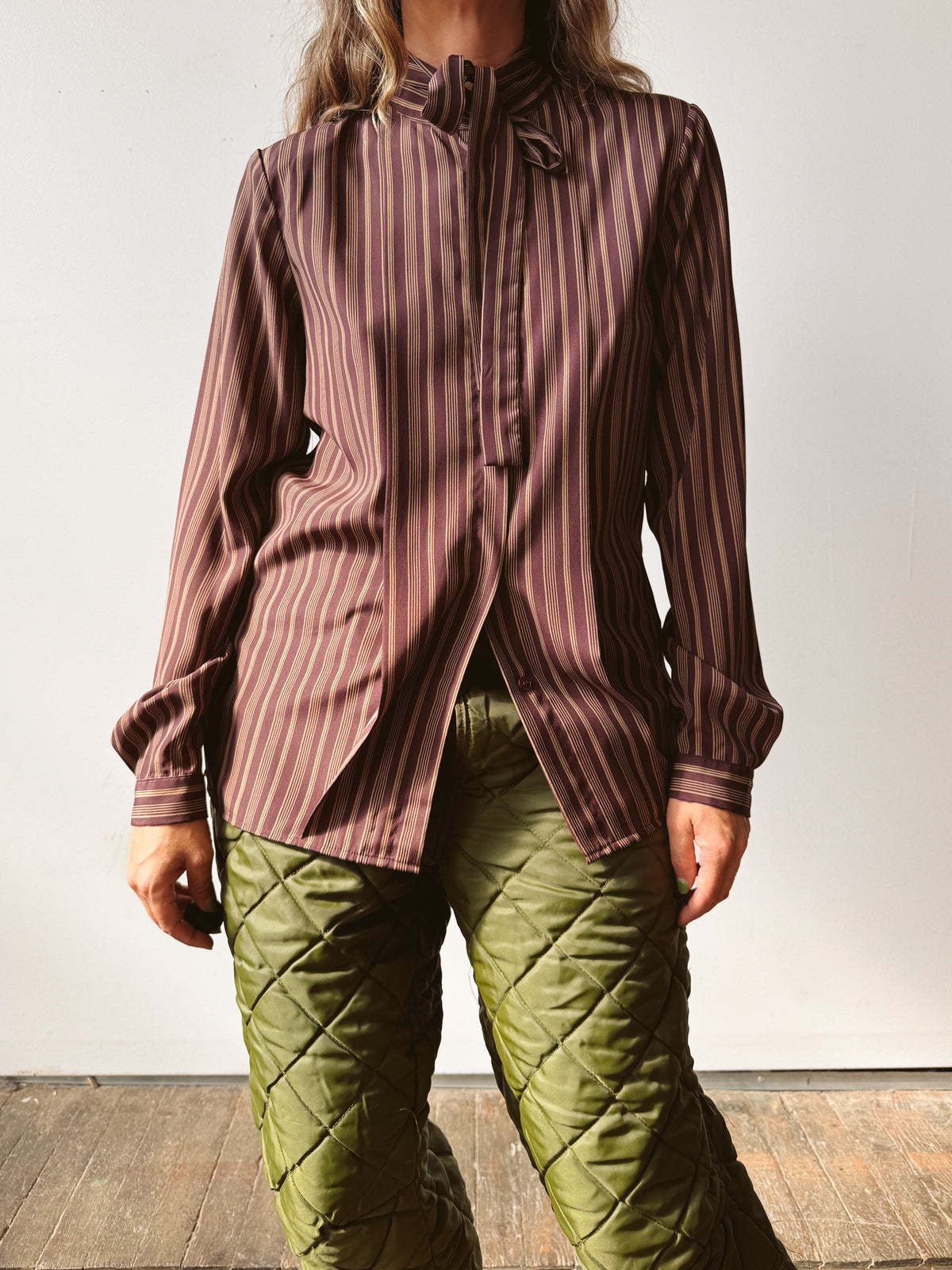 Burgamdy Tie-Neck Striped 90s Blouse (M)