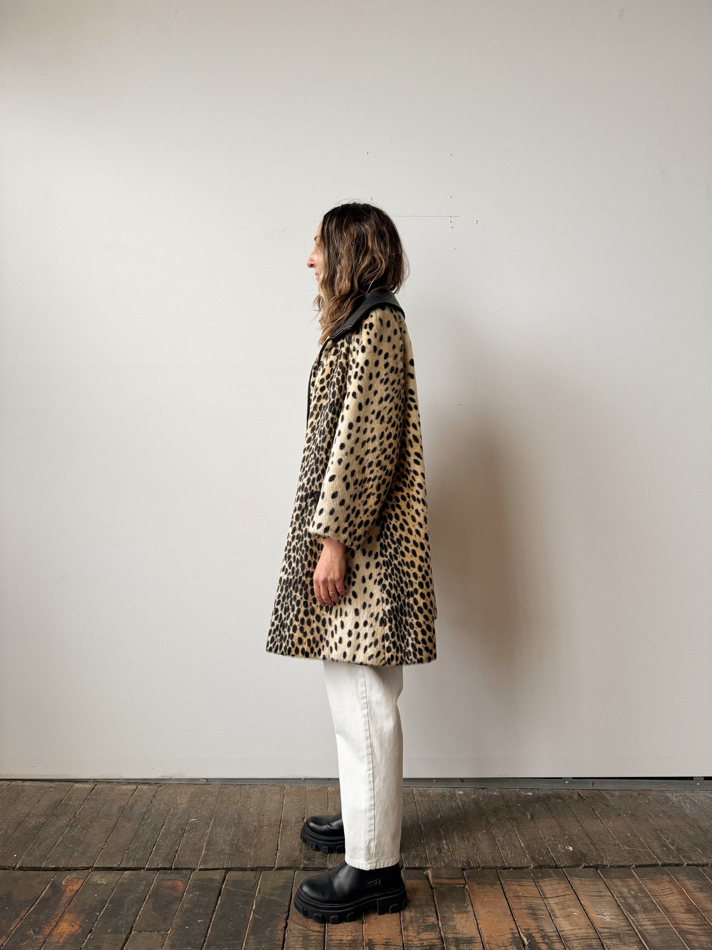 60s Safari Leopard Coat and Leather Swing Coat (M)