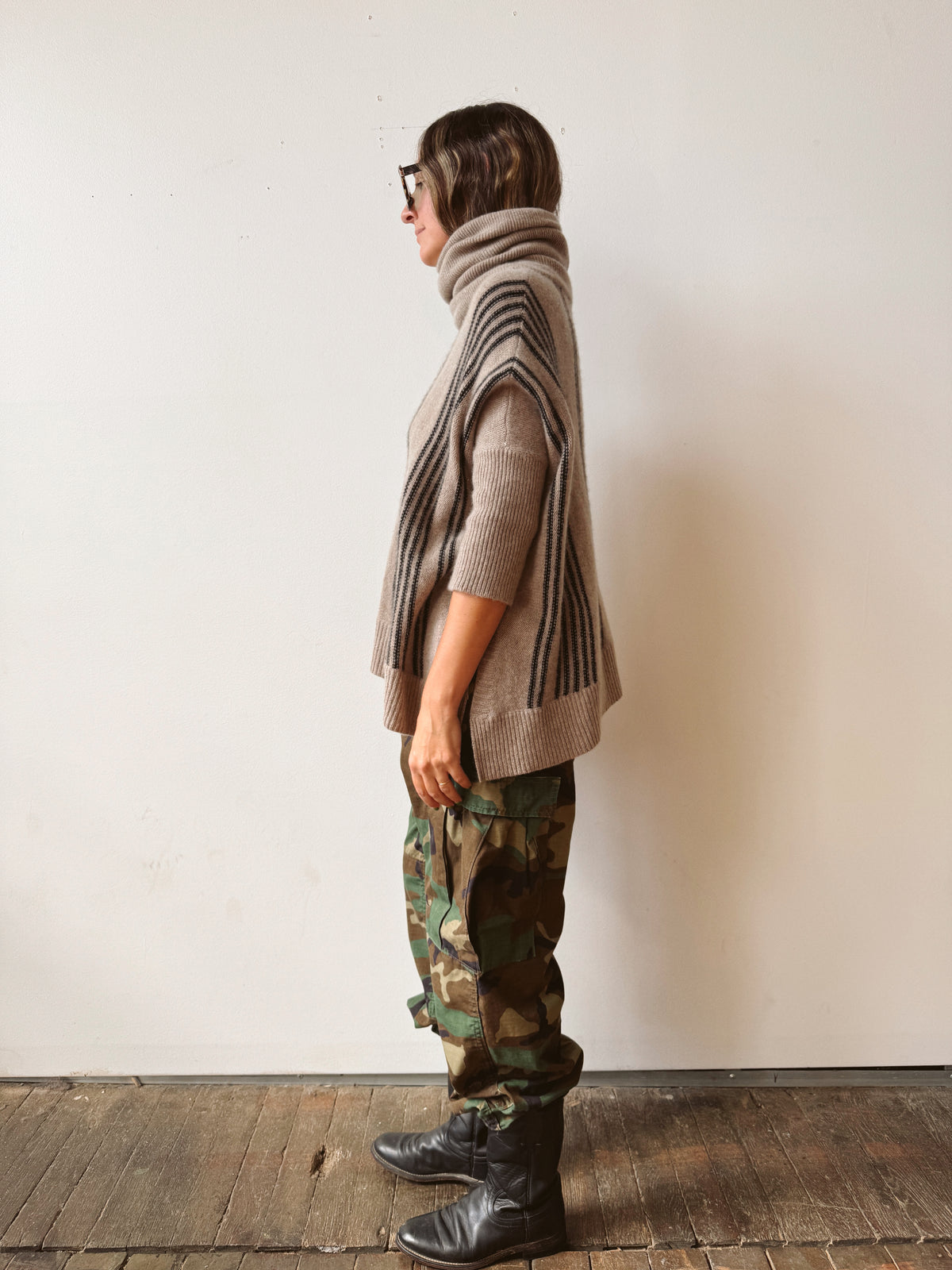 Cashmere Striped and Tan Turtleneck Sweater (M)