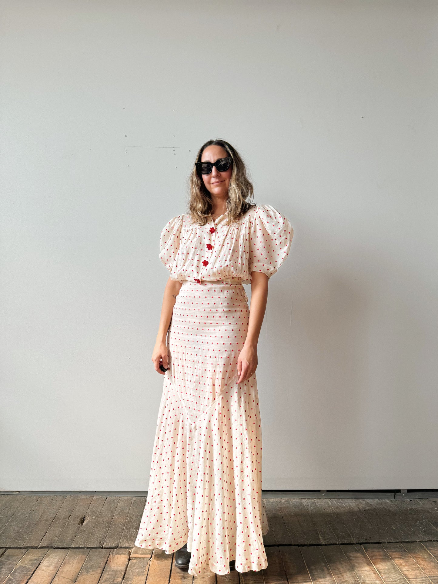 Early 1900s Cotton Voile Polka Dot Dress (S)