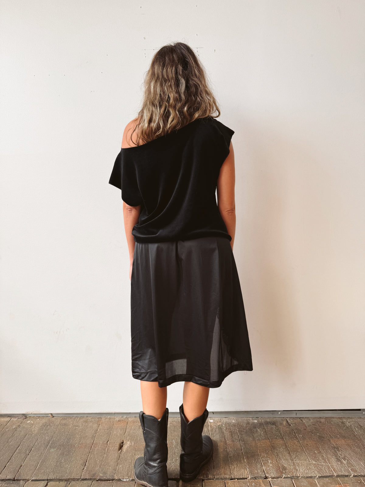 80s Sears Nylon Lace Black High-Slit Slip Skirt