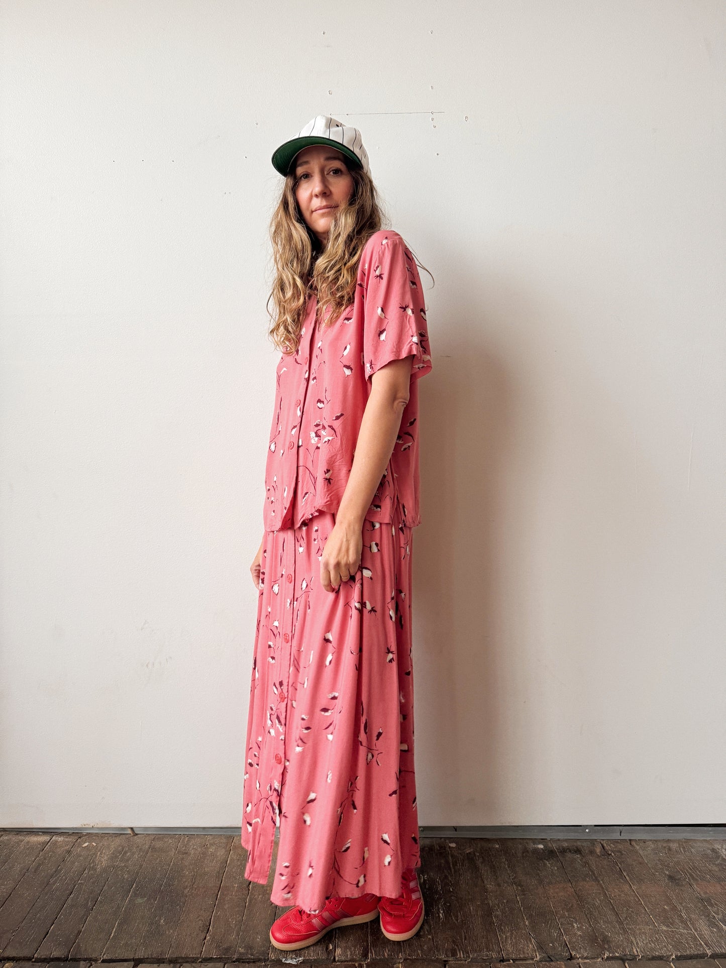 Coral 90s Floral Match Skirt Set (M)