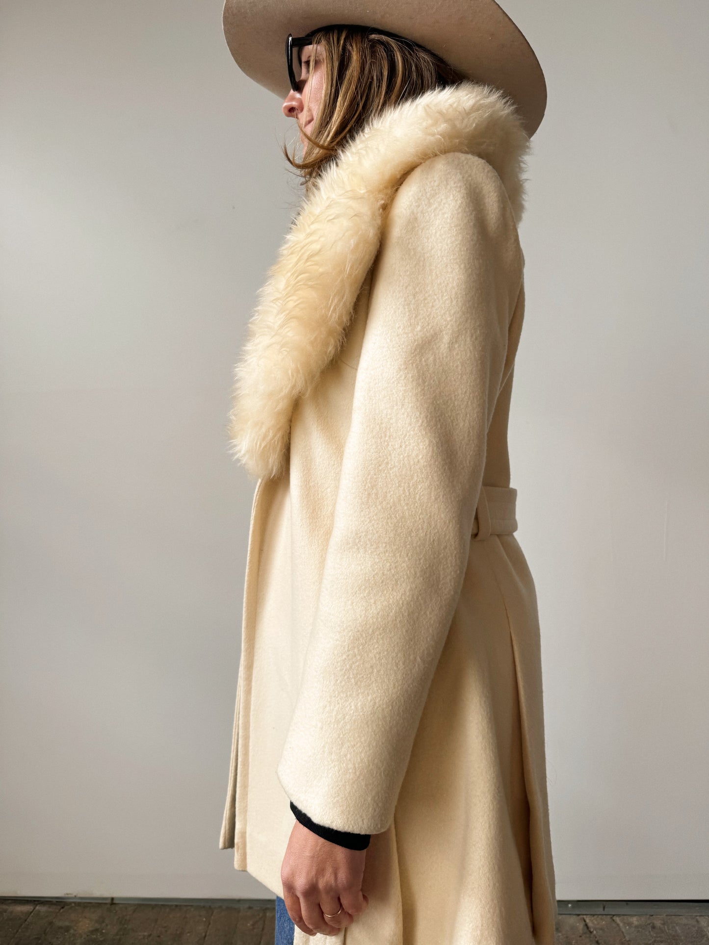 Cream Belted 70s Faux Fur Wool Jacket