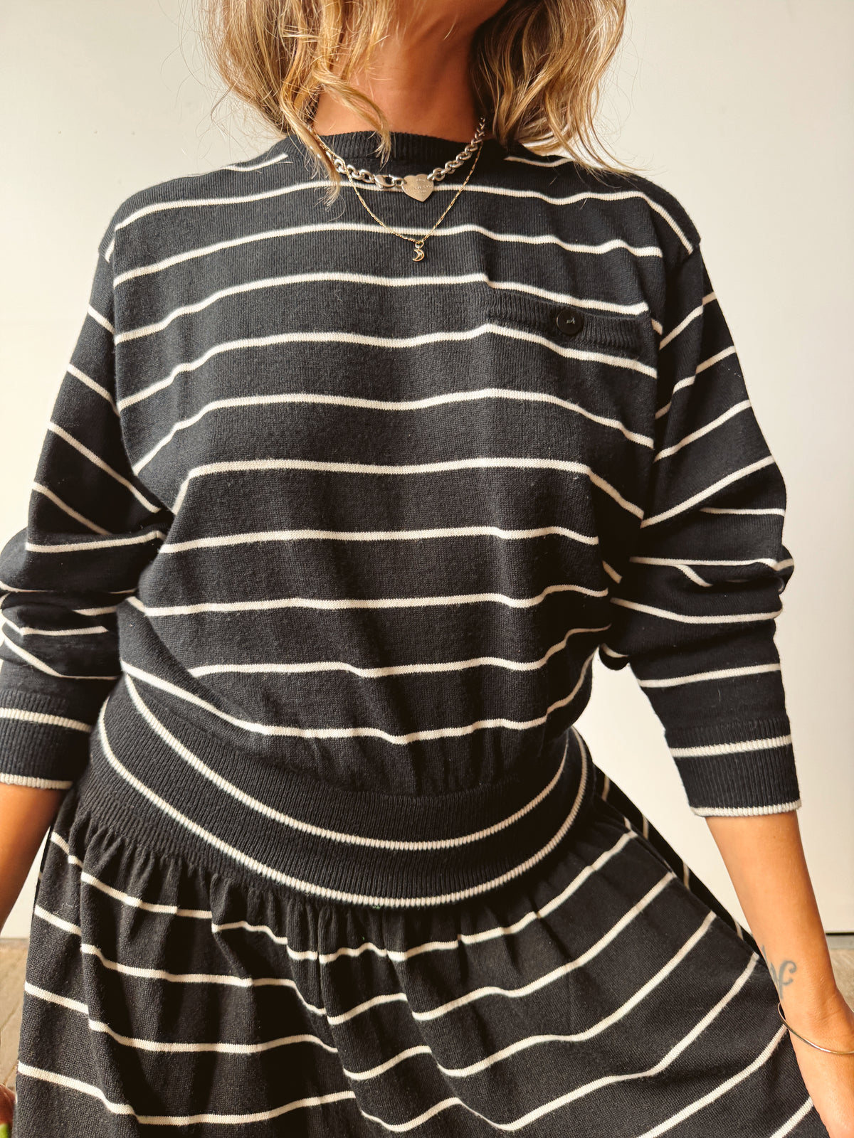 Striped Knit 90s Skirt and Sweater Set (S)