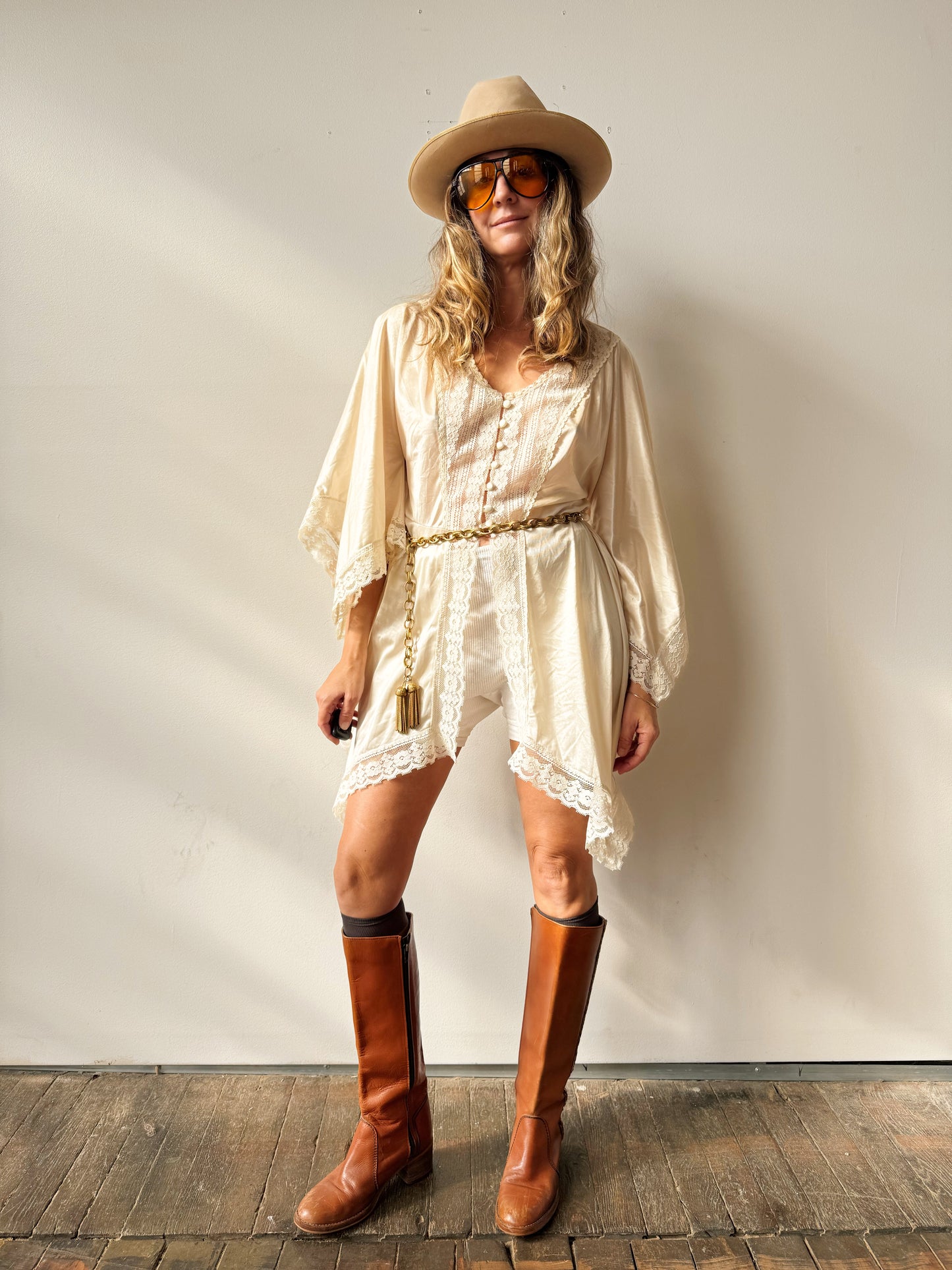 Boho 70s Nylon and Lace Tunic Blouse (M)