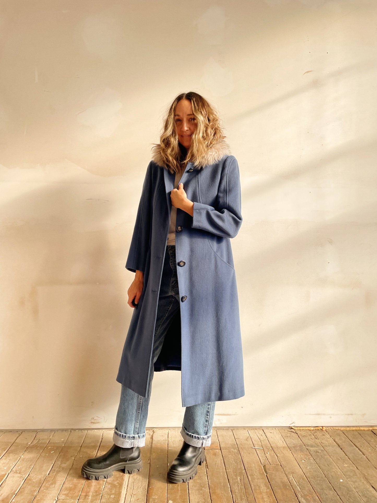 Blue Swing Coat with Fur Collar