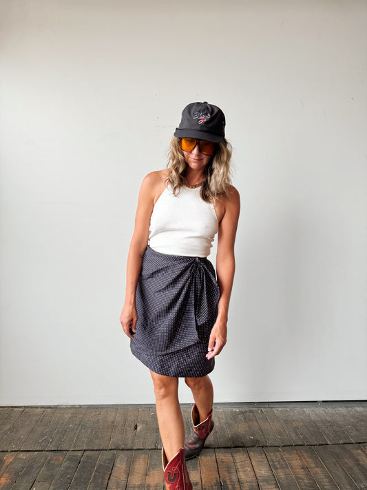 Silk Faux Wrap Navy Skirt (M)