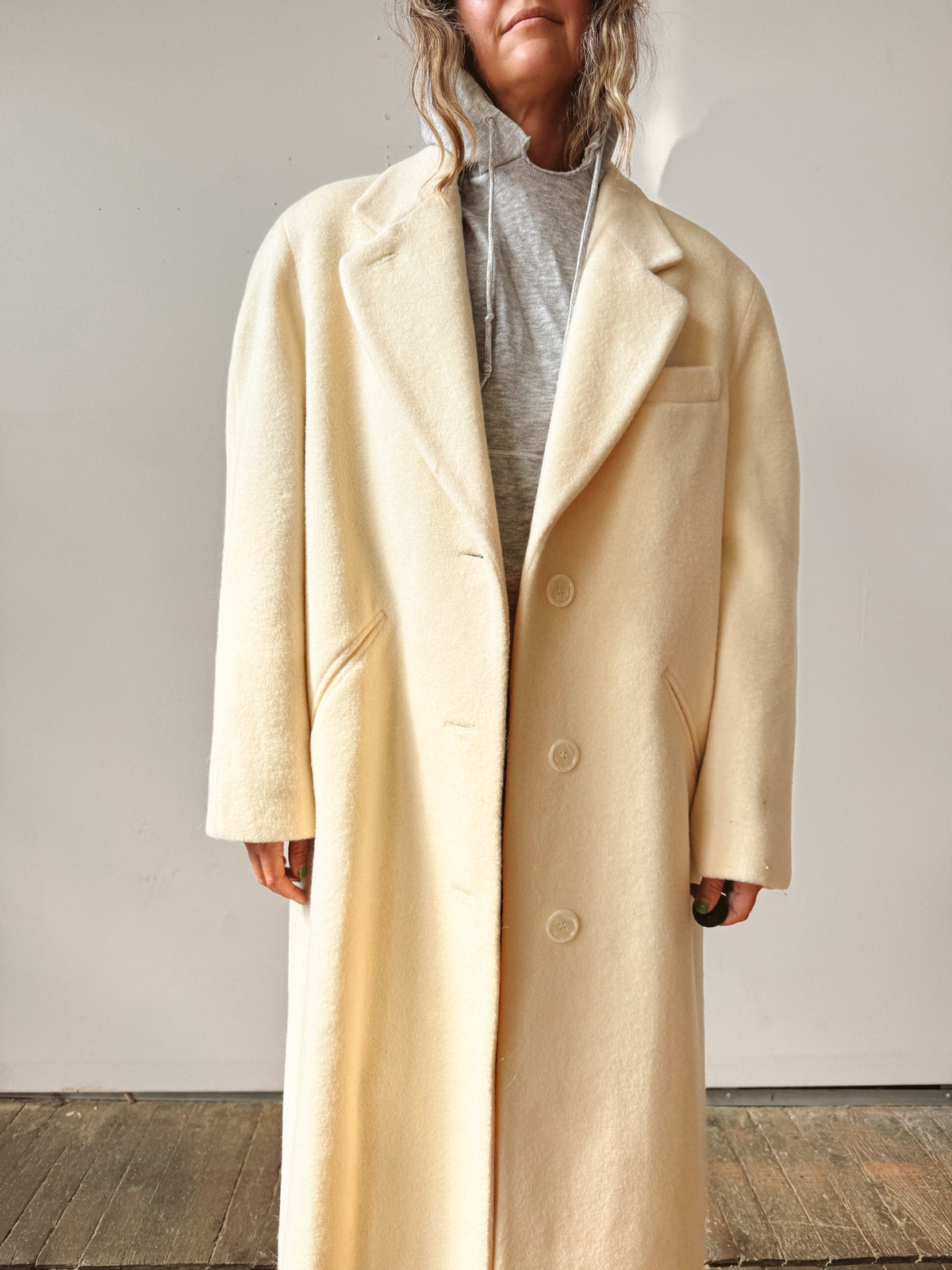 Wool 80s Ivory Longline Overcoat (L)