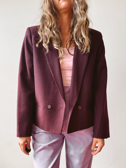 Wool Eggplant One-Button 90s Cropped Blazer (M)