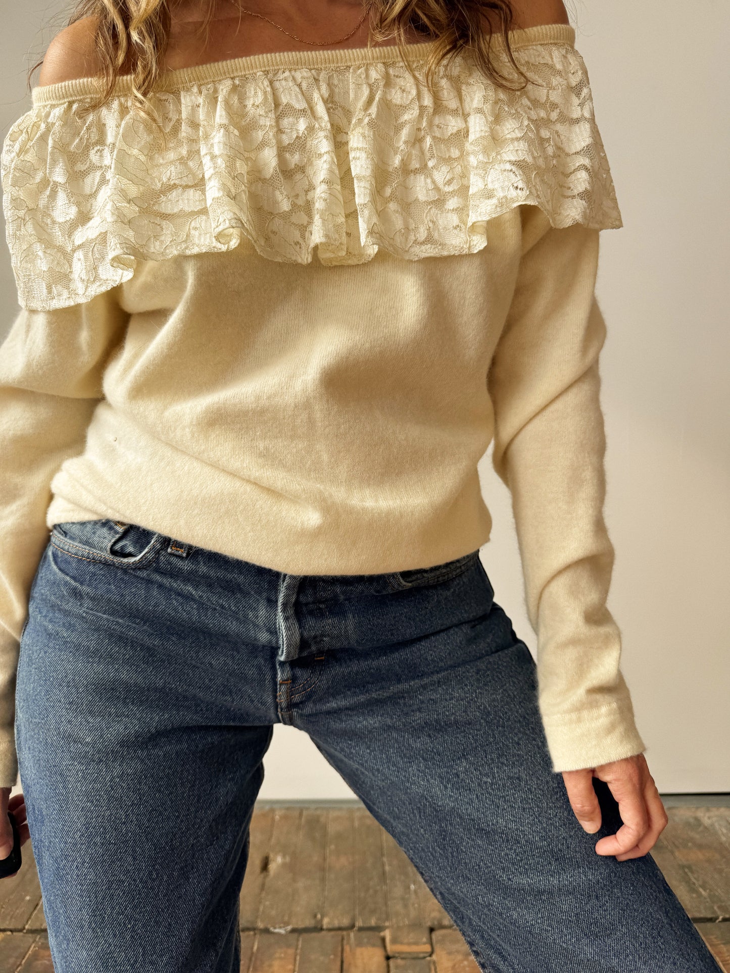 Angora and Lace 90s Off-The-Shoulder Sweater (M)