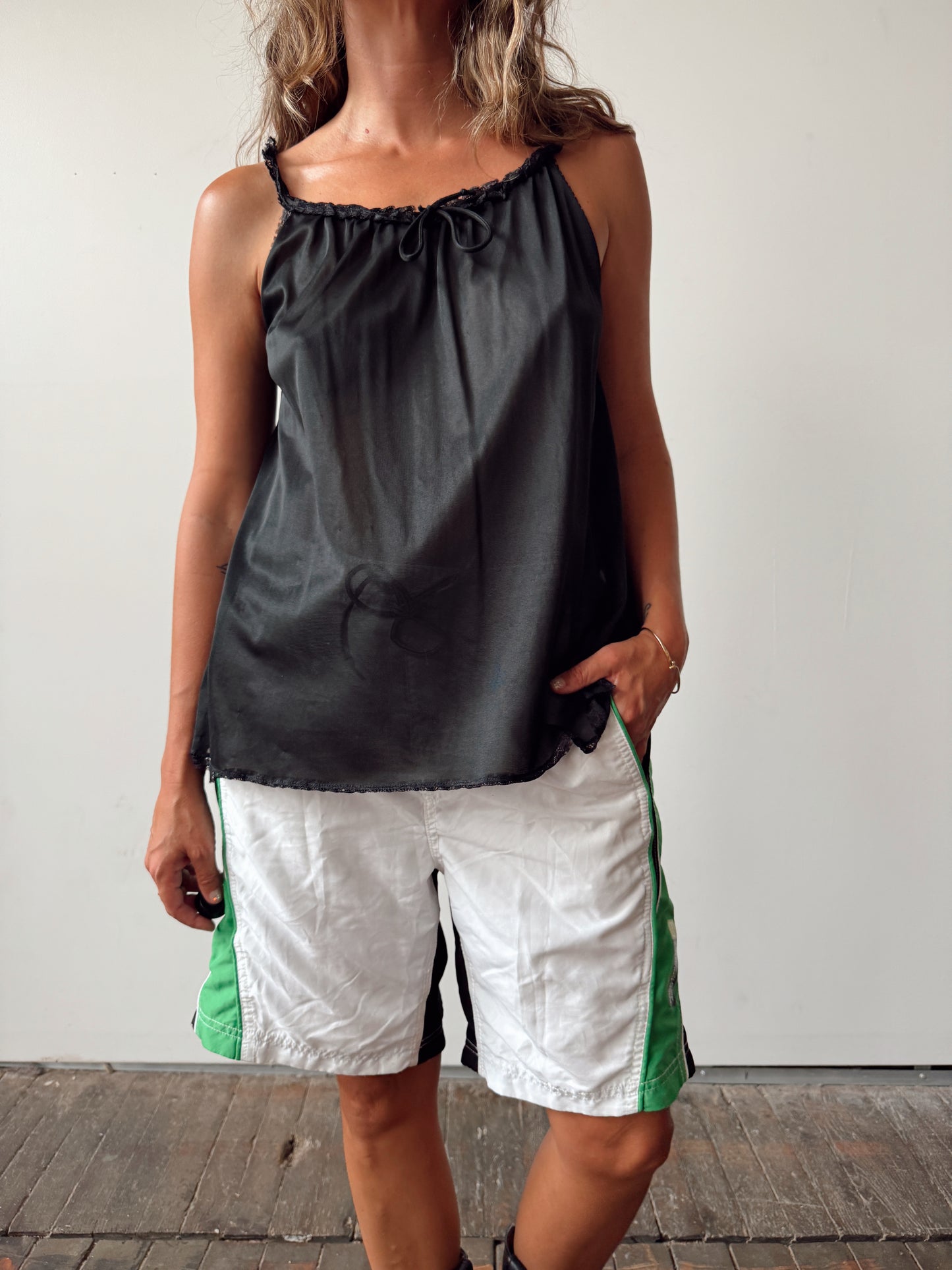 Nylon Vintage 70s Black Camisole with Tie (S)
