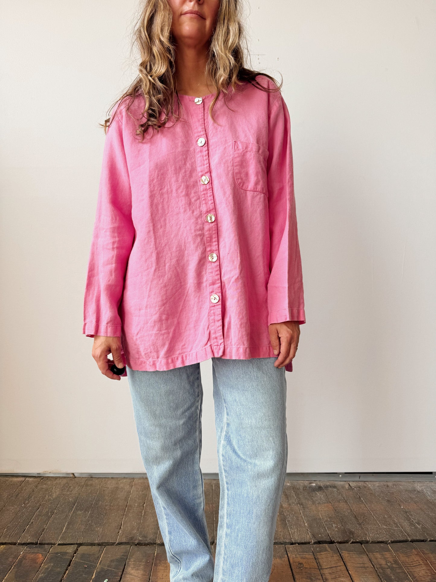 00s Flamingo Linen Button Blouse (L)