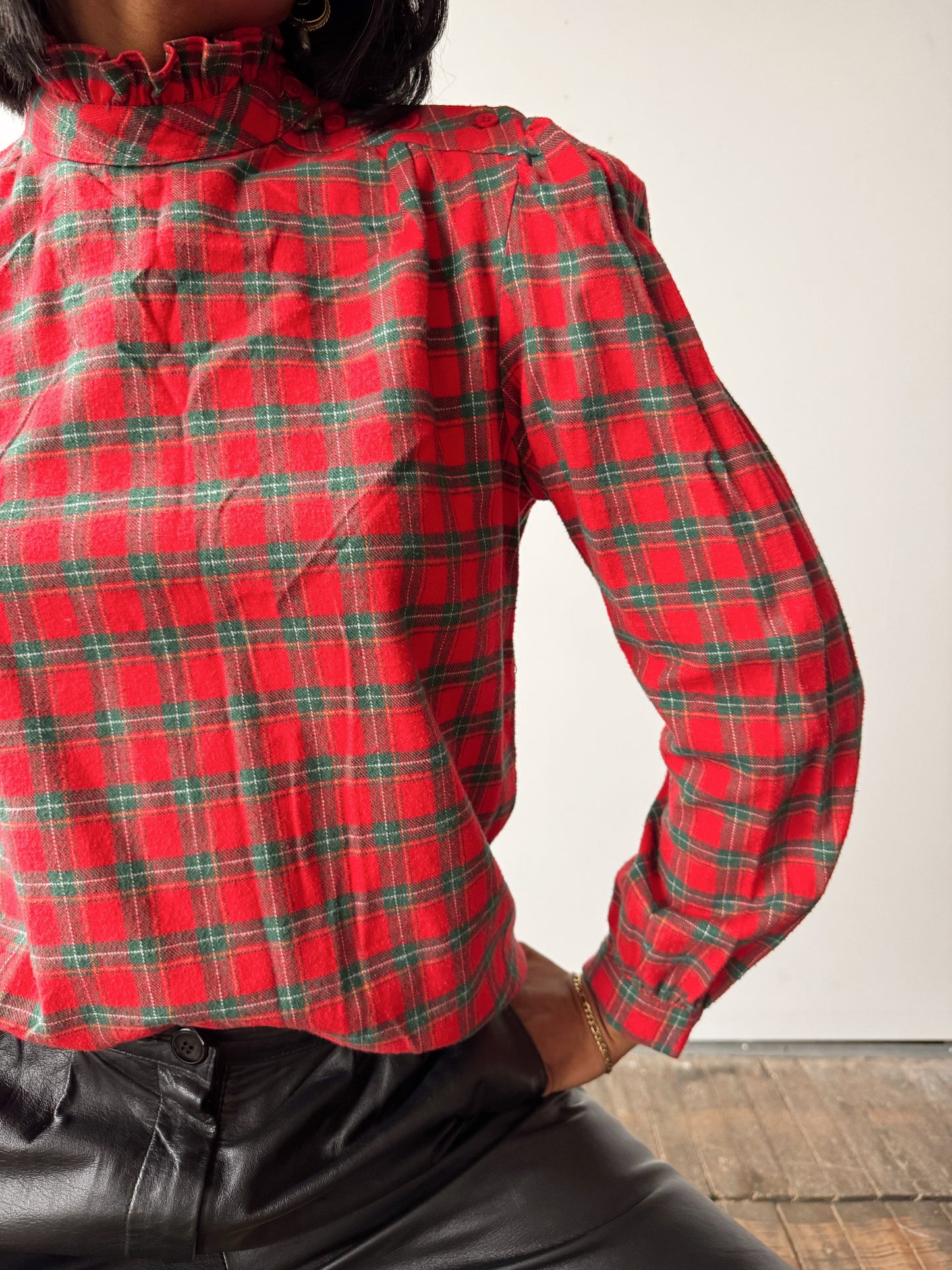 Holiday Plaid and Ruffle Collar Blouse (M)