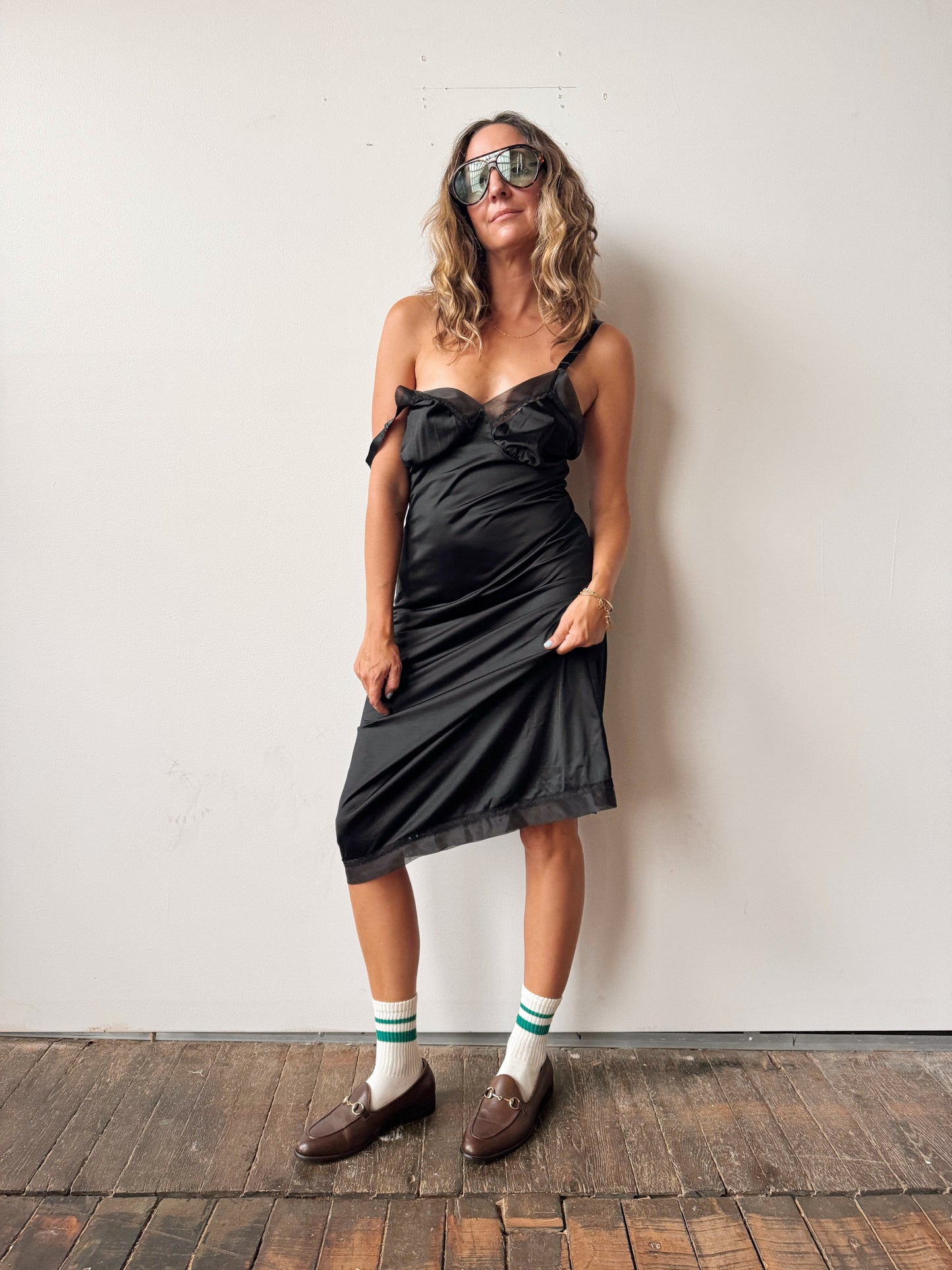 Lorraine Black Slip Dress with Sheer Panels (M)