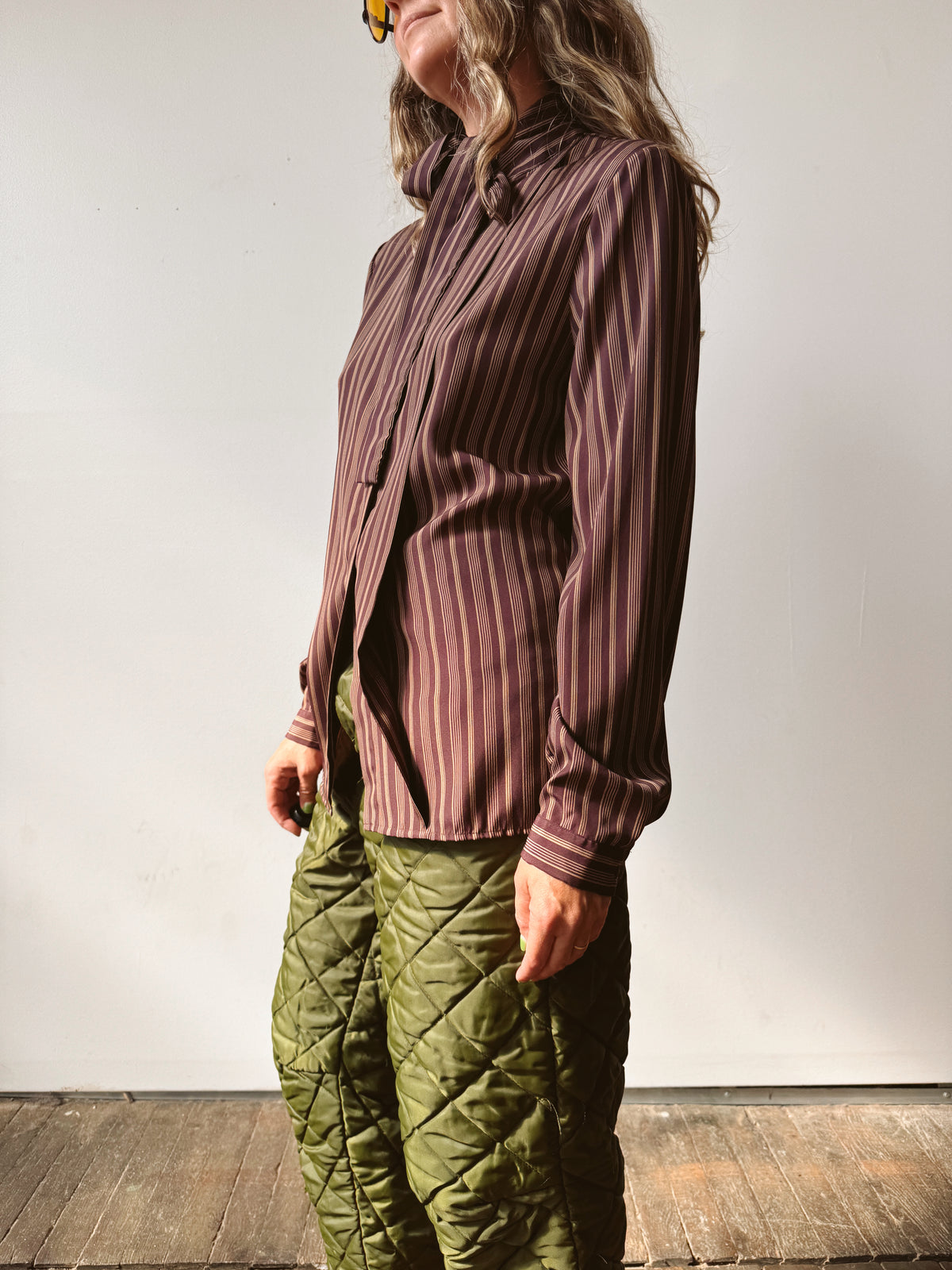 Burgamdy Tie-Neck Striped 90s Blouse (M)
