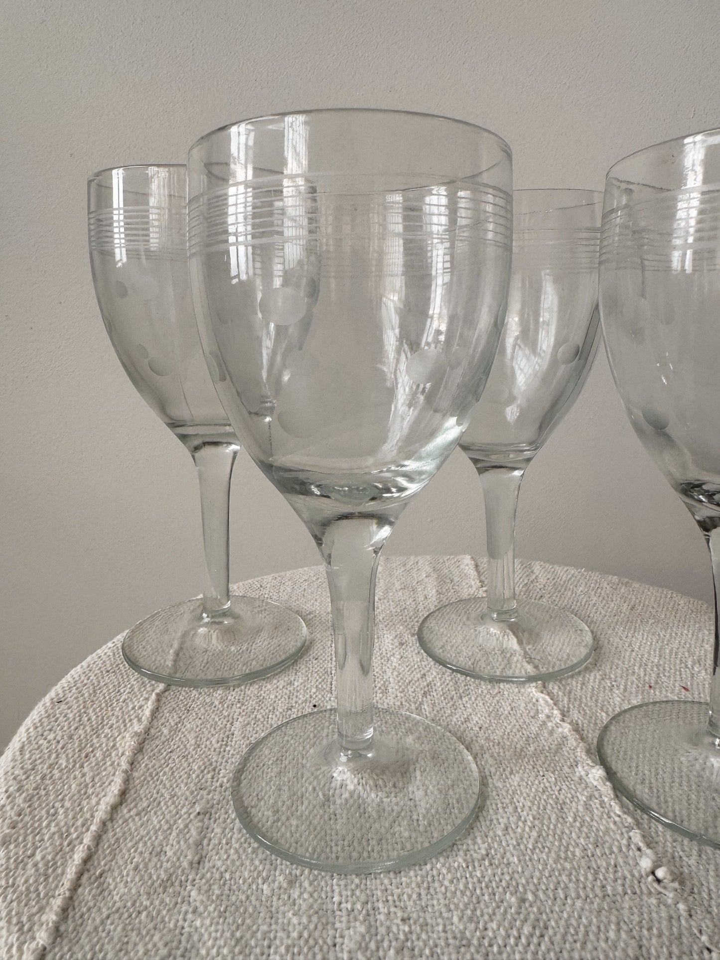 Mid-century Polka Dot Etched Wine Glasses, Set of 4