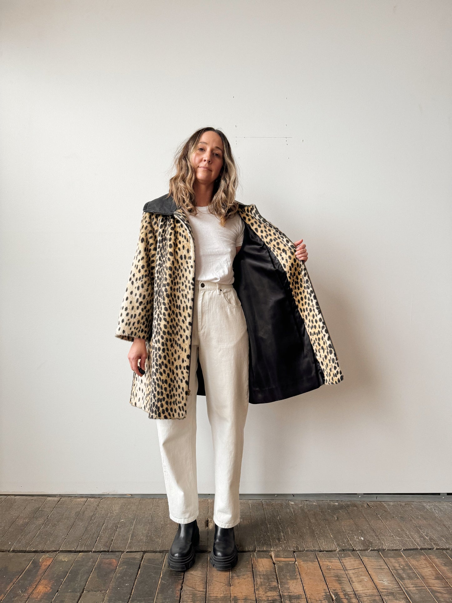 60s Safari Leopard Coat and Leather Swing Coat (M)