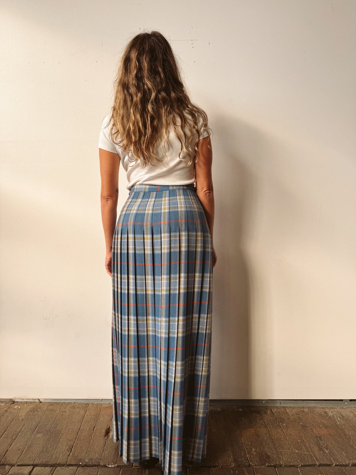 Wool Plaid Wrap Pleat Skirt with Leather Straps