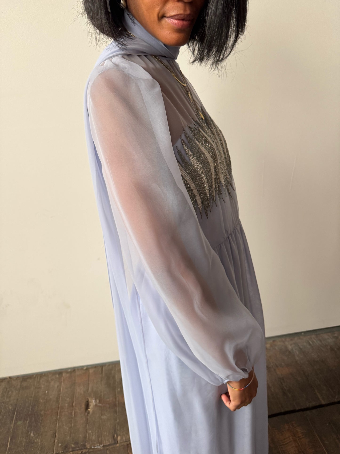 Vintage Beaded Chiffon Sheer Details 70s Dress (M)