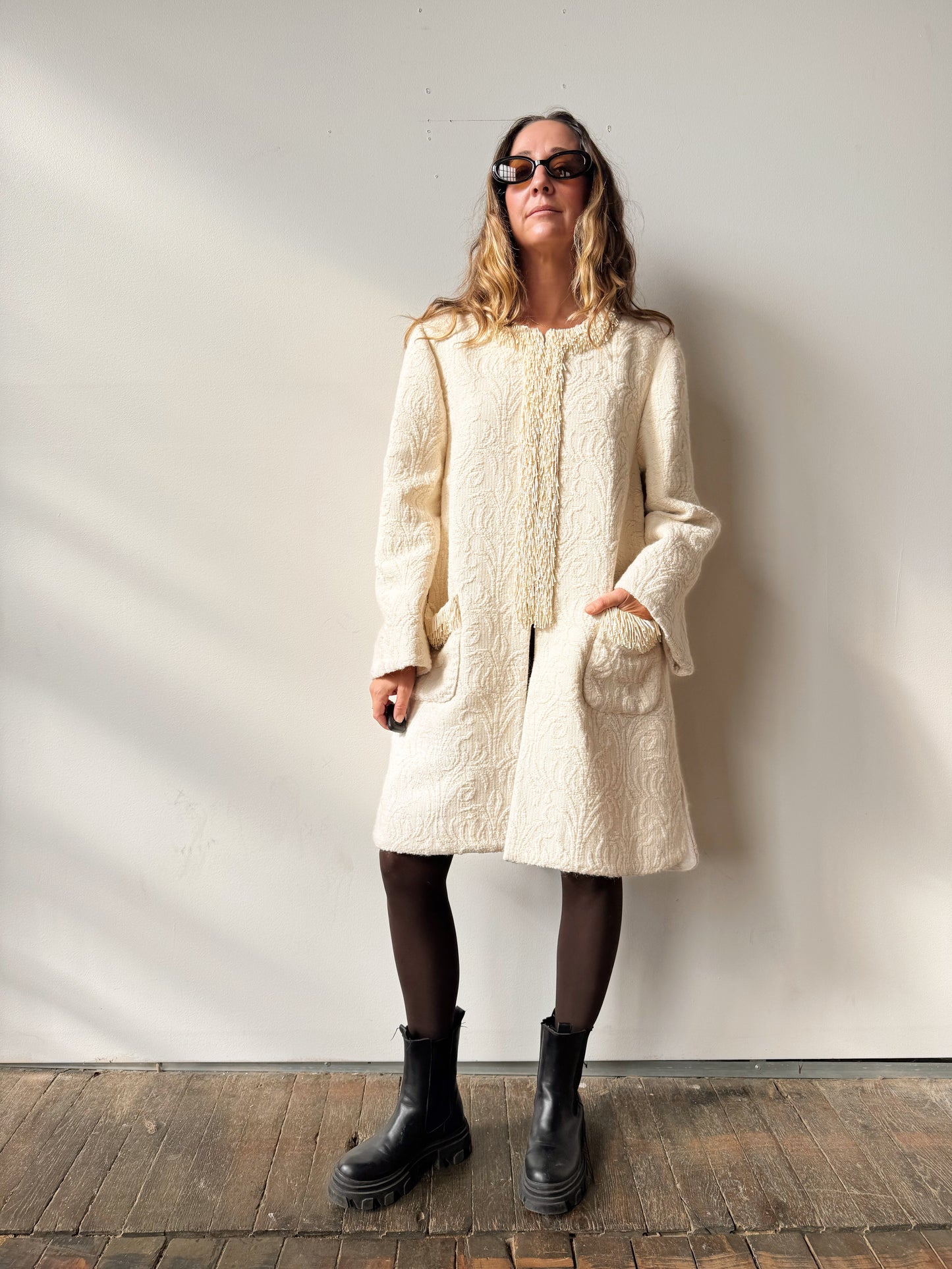 Ivory Bead and Texture Duster Coat, Contemproary (L)