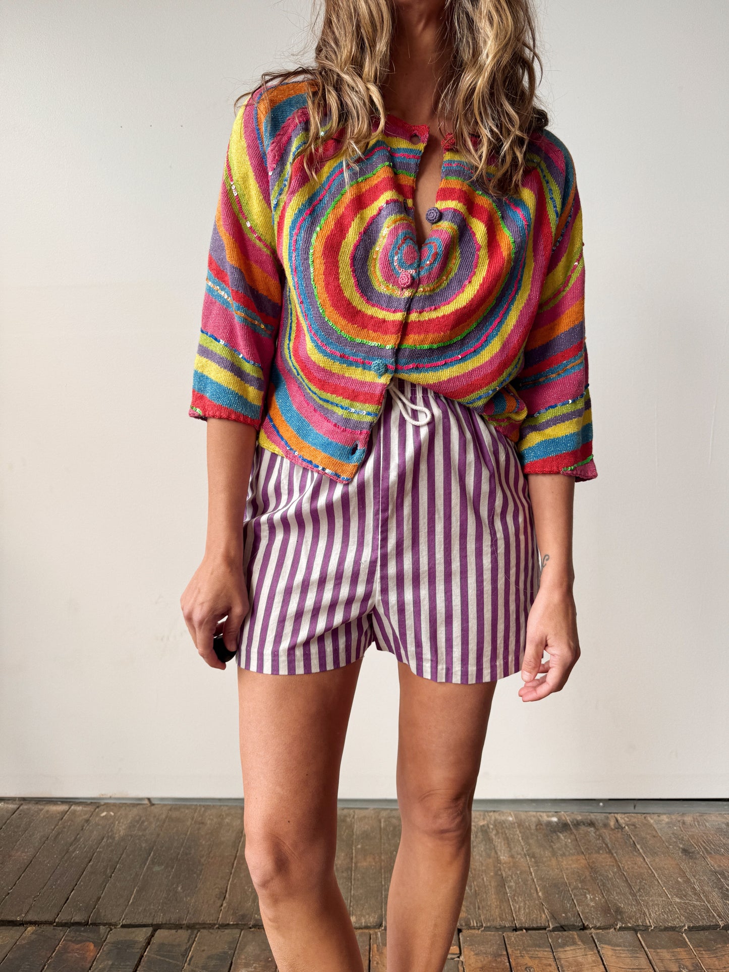 80s Colorful Knit Swirl Cardigan (S)