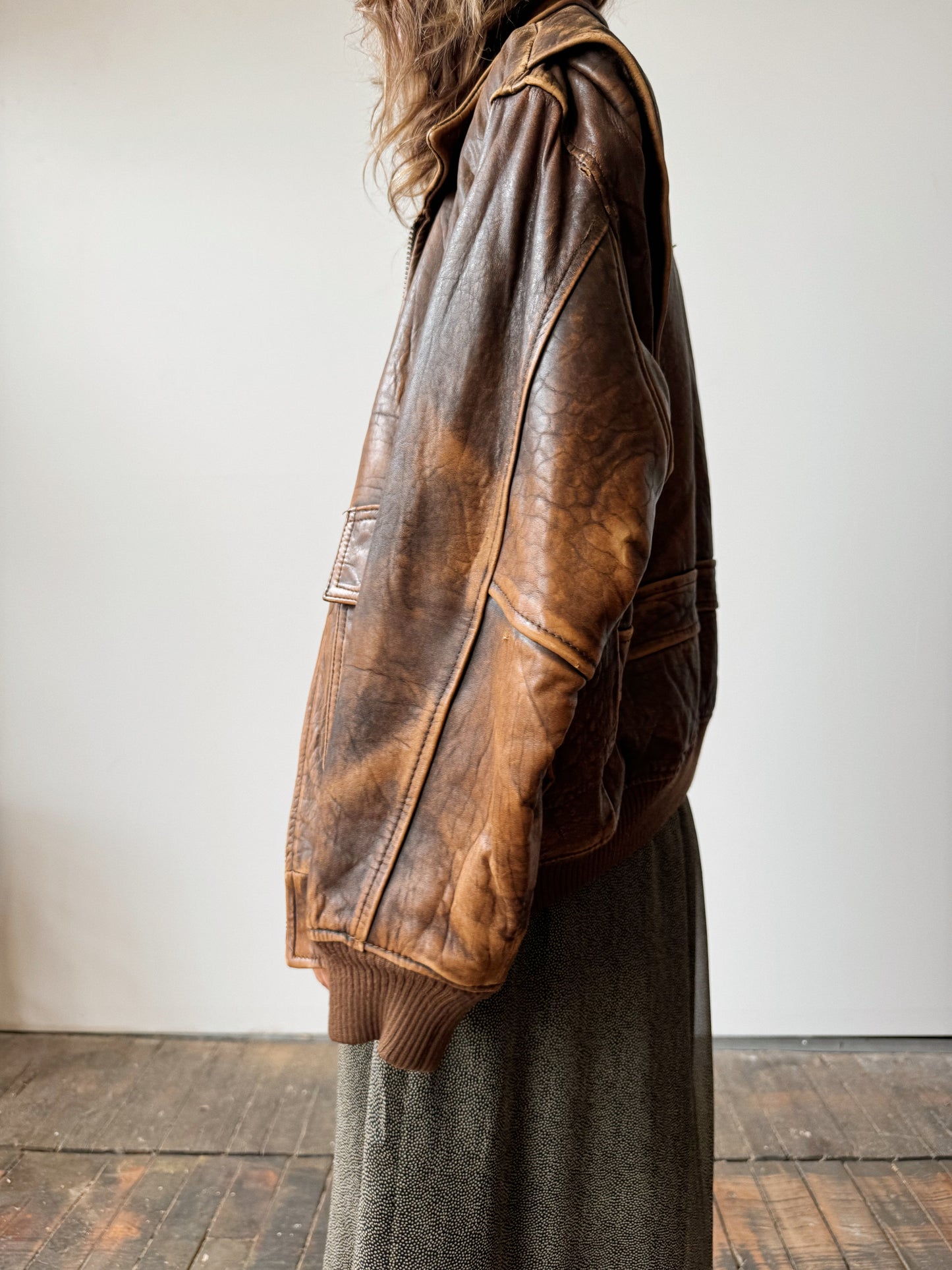 Oversize Distressed Brown Leather Flight Jacket (M)