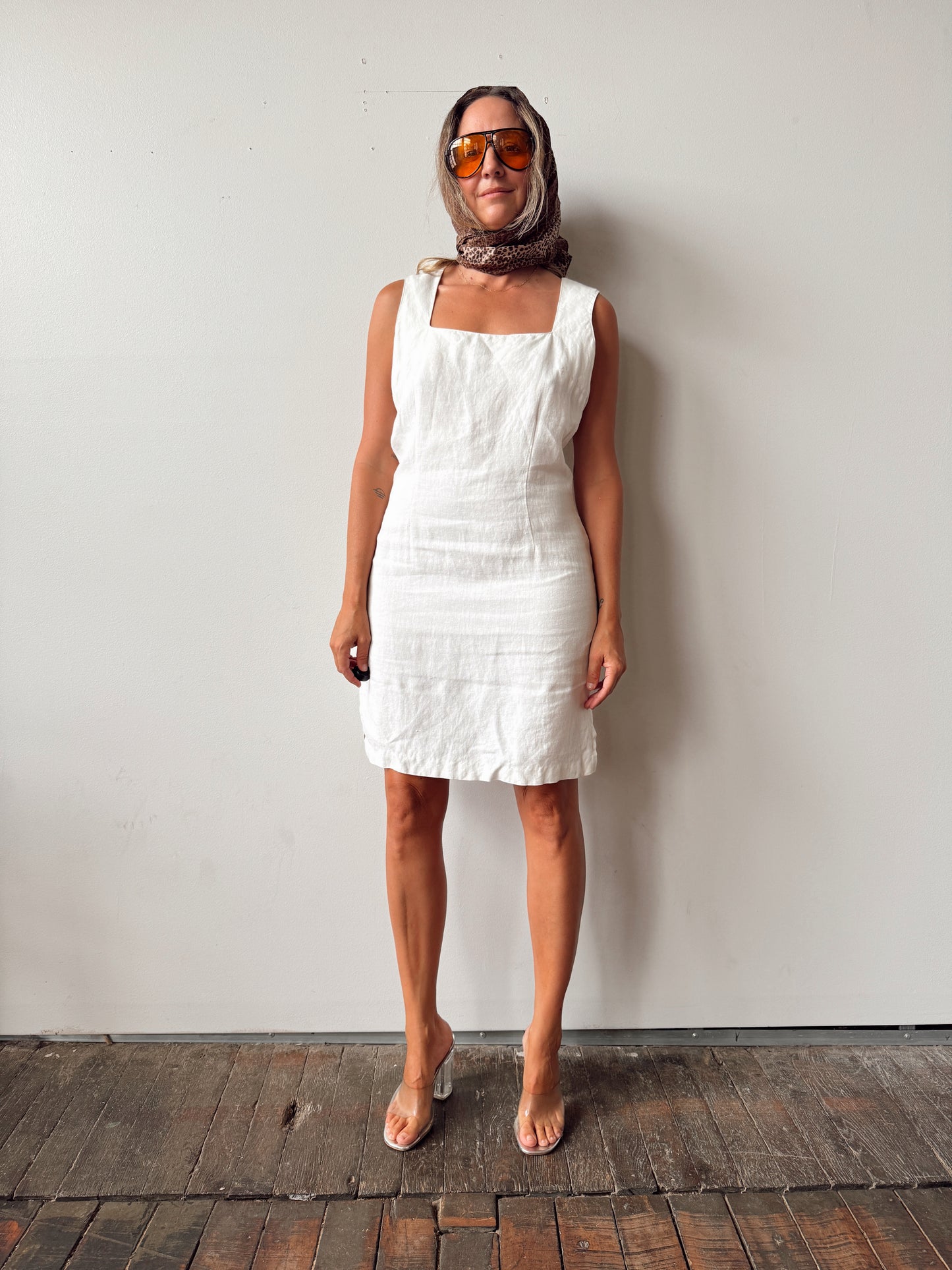 Vintage Linen Square Neck 90s Dress (M)