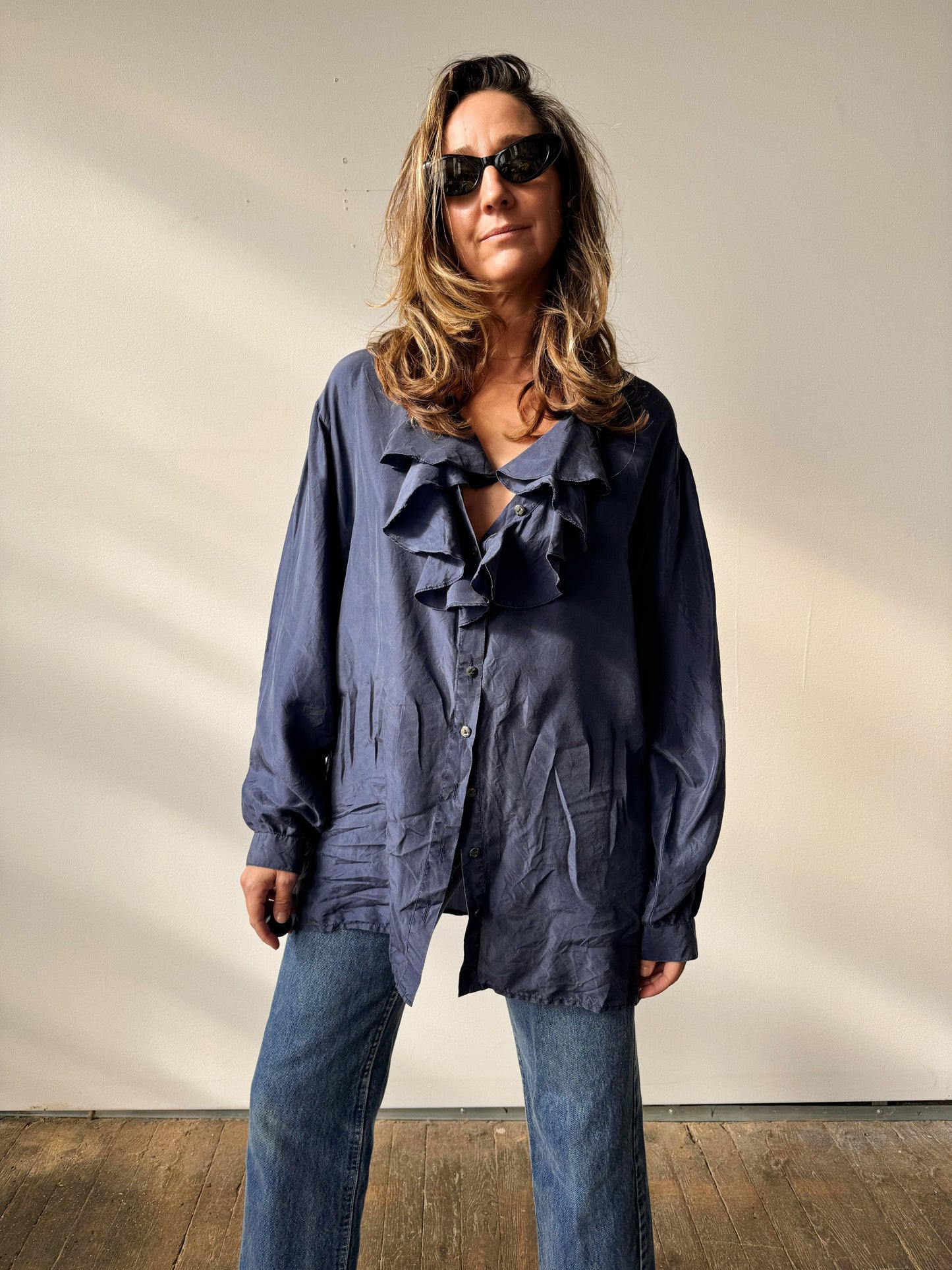 Silk 90s Navy Ruffle Blouse (M)